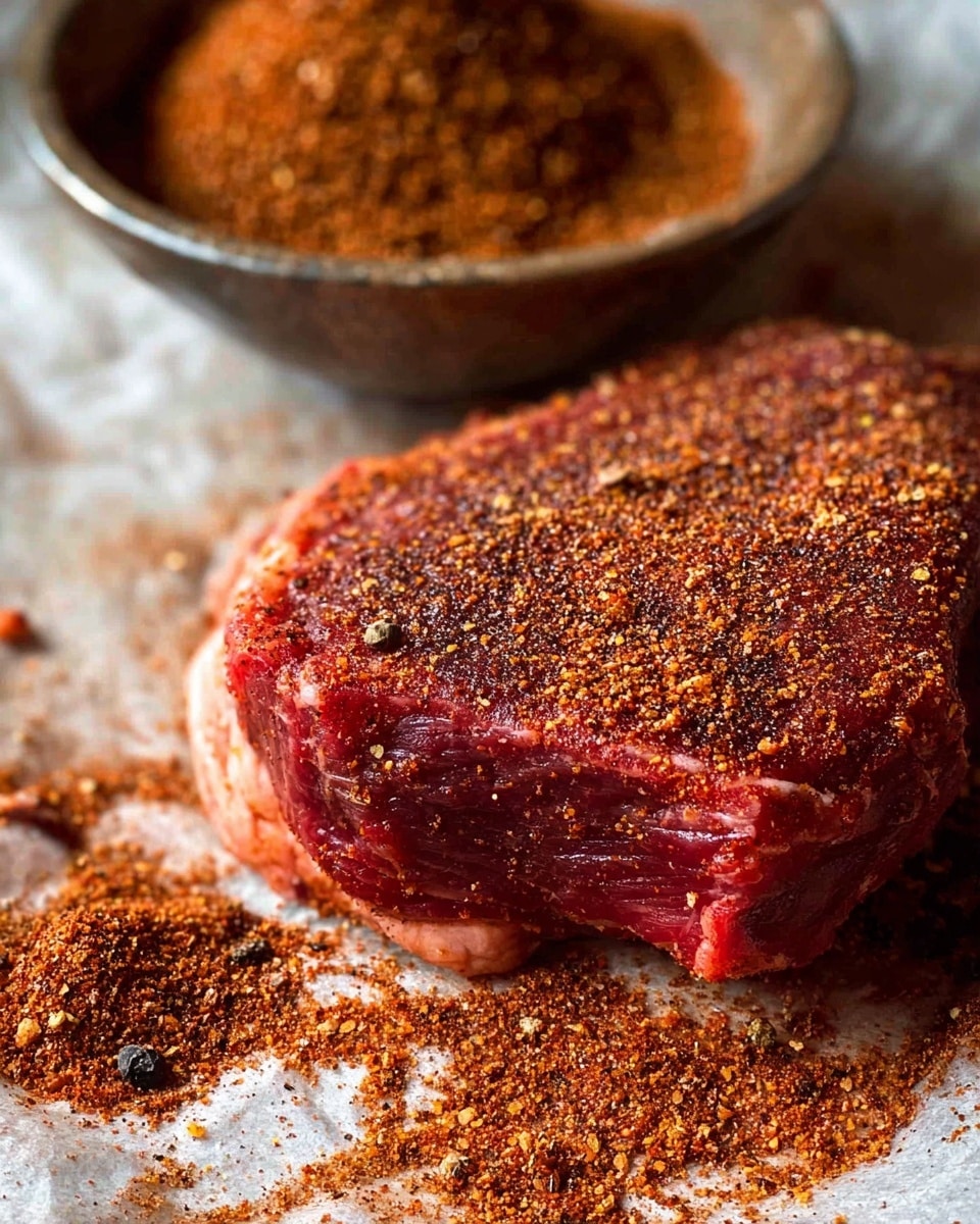 A close-up image of a thick piece of red raw meat covered with a dark brown spice rub that has a coarse texture. The meat shows visible marbling and fat edges. Around the meat, there are scattered spices, and in the background, there's a round bowl with more of the same brown spice mix. The surface under the meat has a rustic look but should be imagined as white marbled texture. Photo taken with an iphone --ar 4:5 --v 7