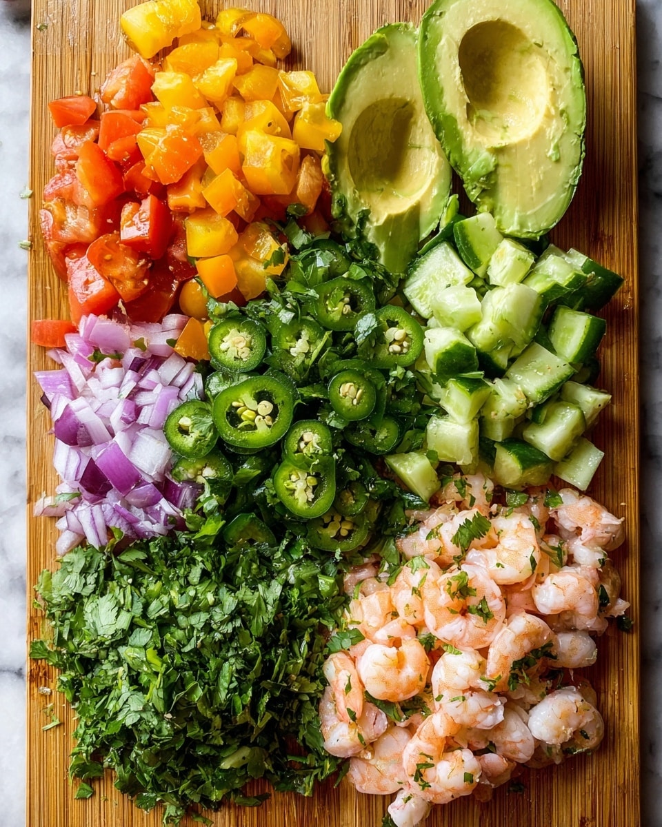 A wooden board holds seven distinct fresh chopped ingredients arranged close together in small piles: in the top left corner, small diced orange and yellow tomatoes; next to it on the right, two halves of a green avocado with visible slices; below the avocado, chopped green cucumber pieces; under the tomatoes near the bottom left, thin purple slices of shallot; below the shallot and left center, a large pile of chopped bright green cilantro leaves; under the cilantro and bottom center, thinly sliced rounds of green jalapeño peppers; at the bottom right, finely chopped cooked shrimp with some cilantro sprinkled on top. The board rests on a white marbled textured surface photo taken with an iphone --ar 4:5 --v 7