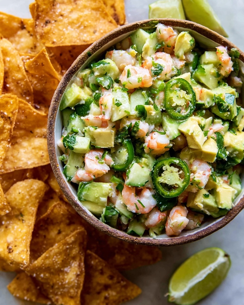 A close-up image of a round bowl filled with shrimp ceviche mixed with diced green cucumbers, light green avocado chunks, small pieces of pink shrimp, thin slices of green jalapeño, and chopped fresh herbs. The bowl is surrounded by crispy golden tortilla chips sprinkled with salt and a few lime wedges on a white marbled surface. The ceviche looks fresh, colorful, and mixed well, with pieces layered evenly. Photo taken with an iphone --ar 4:5 --v 7