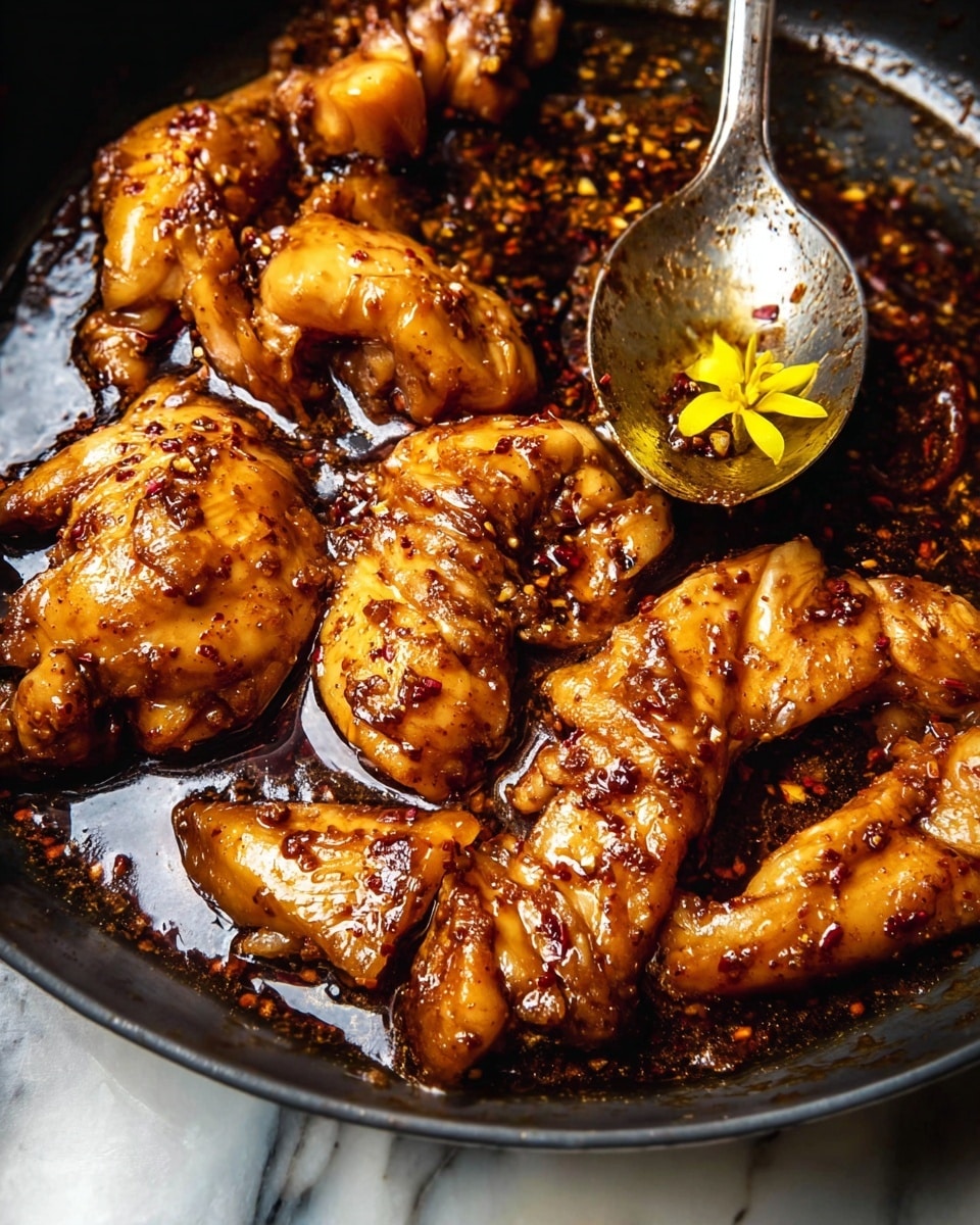 The image shows several pieces of cooked chicken in a dark pan, covered in shiny, rich, brown sauce with visible small bits of seasoning and spices. The chicken pieces vary in size and form a layered pile, with some parts smoother and others more textured. Behind the chicken, there is a metal spoon resting in the pan, holding a small yellow flower floating in the sauce. The surface around the pan is a white marbled texture. The whole scene looks warm and glossy, highlighting the moistness and spice of the chicken photo taken with an iphone --ar 4:5 --v 7