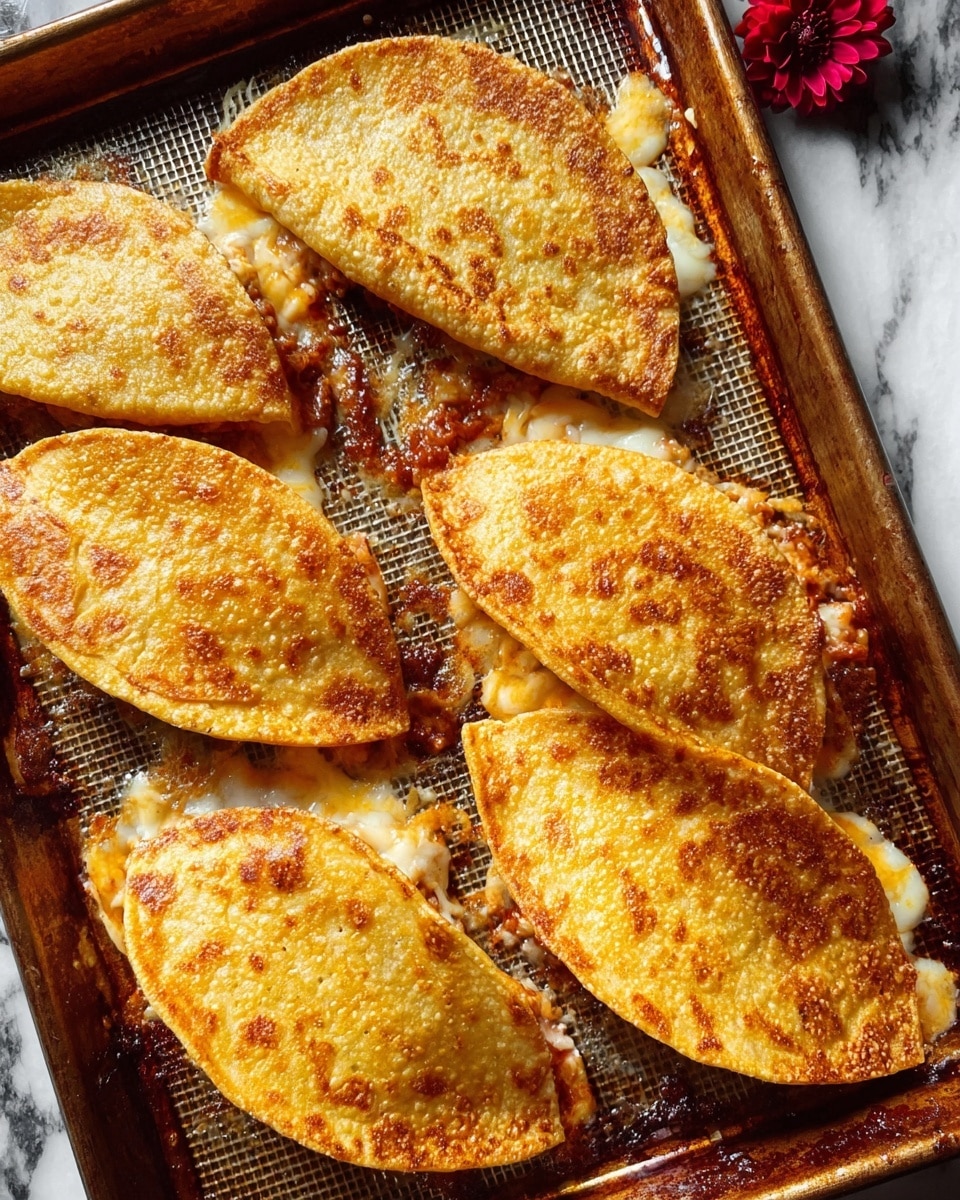 The image shows a baking tray with five golden-brown folded taco shells. Each taco shell is slightly crispy with a rough, bubbled texture on the surface. Melted cheese is oozing out from under the edges of some shells, creating crispy browned spots on the tray around them. The tray has a non-stick textured grid pattern, and the light highlights the shiny melted cheese and the slightly darker toasted areas of the shells. The background is a white marbled texture with a small red flower in the top right corner. photo taken with an iphone --ar 4:5 --v 7