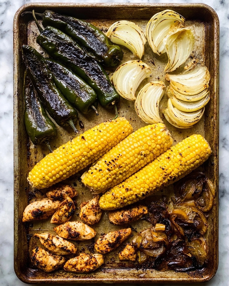 The image shows a baking tray filled with grilled food arranged in distinct sections. At the top left are two large dark green peppers with charred skin. To the right of them are three groups of light yellow onion slices, slightly browned at the edges, fanned out in layers. In the middle, two bright yellow corn cobs with slightly blackened char marks sit parallel to each other. Below the corn, there are six pieces of small grilled chicken with blackened spice bits evenly scattered across their light brown surface. On the bottom right are some browned and blackened onion chunks. The tray rests on a white marbled surface. photo taken with an iphone --ar 4:5 --v 7