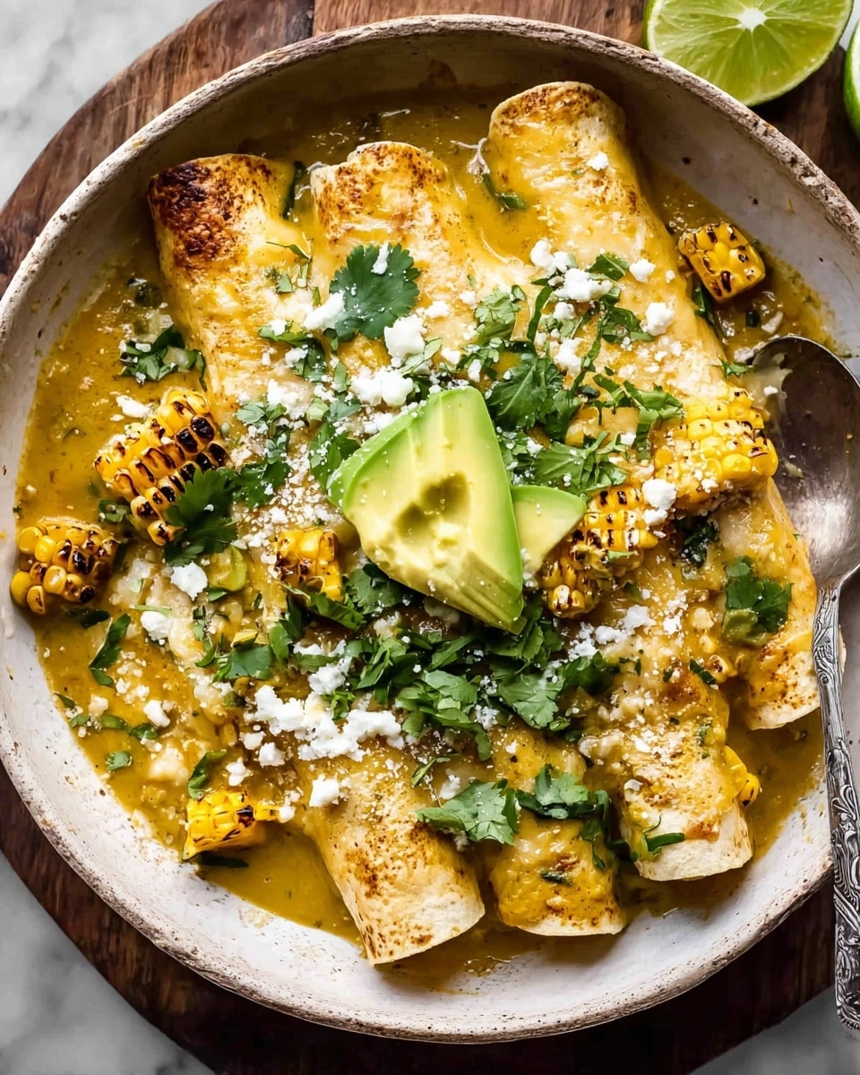 A white bowl filled with five rolled enchiladas covered in melted yellow cheese sauce, topped with fresh green cilantro leaves, white crumbled cheese, and two slices of avocado positioned in the center. Scattered around the enchiladas are small grilled corn pieces with dark char marks and lime wedges. A spoon is partially visible on the right side of the bowl. The bowl sits on a white marbled surface. photo taken with an iphone --ar 4:5 --v 7