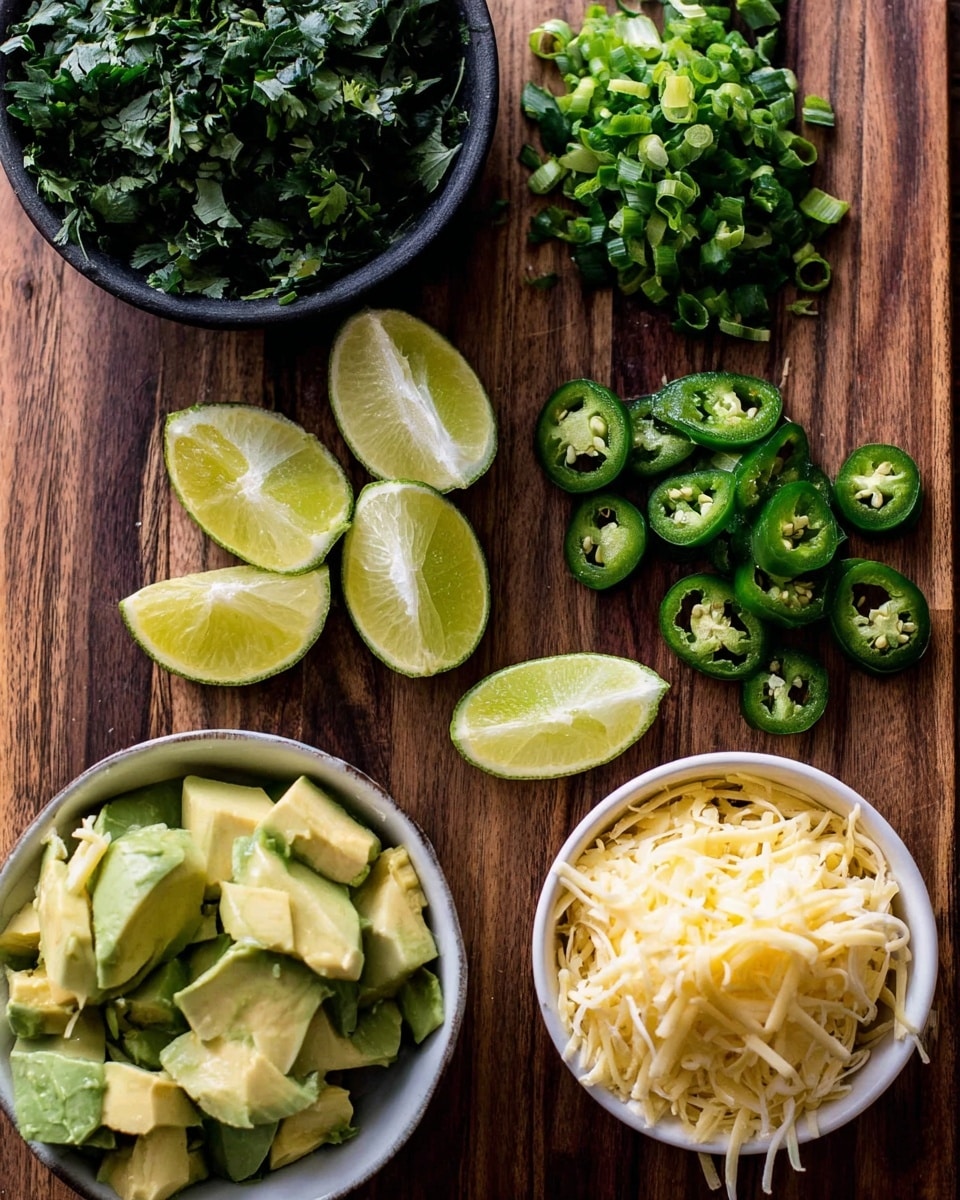 A wooden board shows fresh ingredients arranged in a close scene. At the top left corner, there is a bunch of dark green chopped cilantro with rough texture. Next to it, finely sliced light green scallions are spread in a small pile. Top right corner has a small group of sliced green jalapeño with lighter seeds inside. In the center, there are six bright yellow-green lime wedges placed close together, showing juicy, translucent flesh. Bottom left shows a white bowl filled with stacked avocado chunks that are soft green with smooth texture. Bottom right has another white bowl filled with shredded light yellow cheese, looking soft and slightly fluffy. All these items are placed on a wooden board with rich brown color. photo taken with an iphone --ar 4:5 --v 7