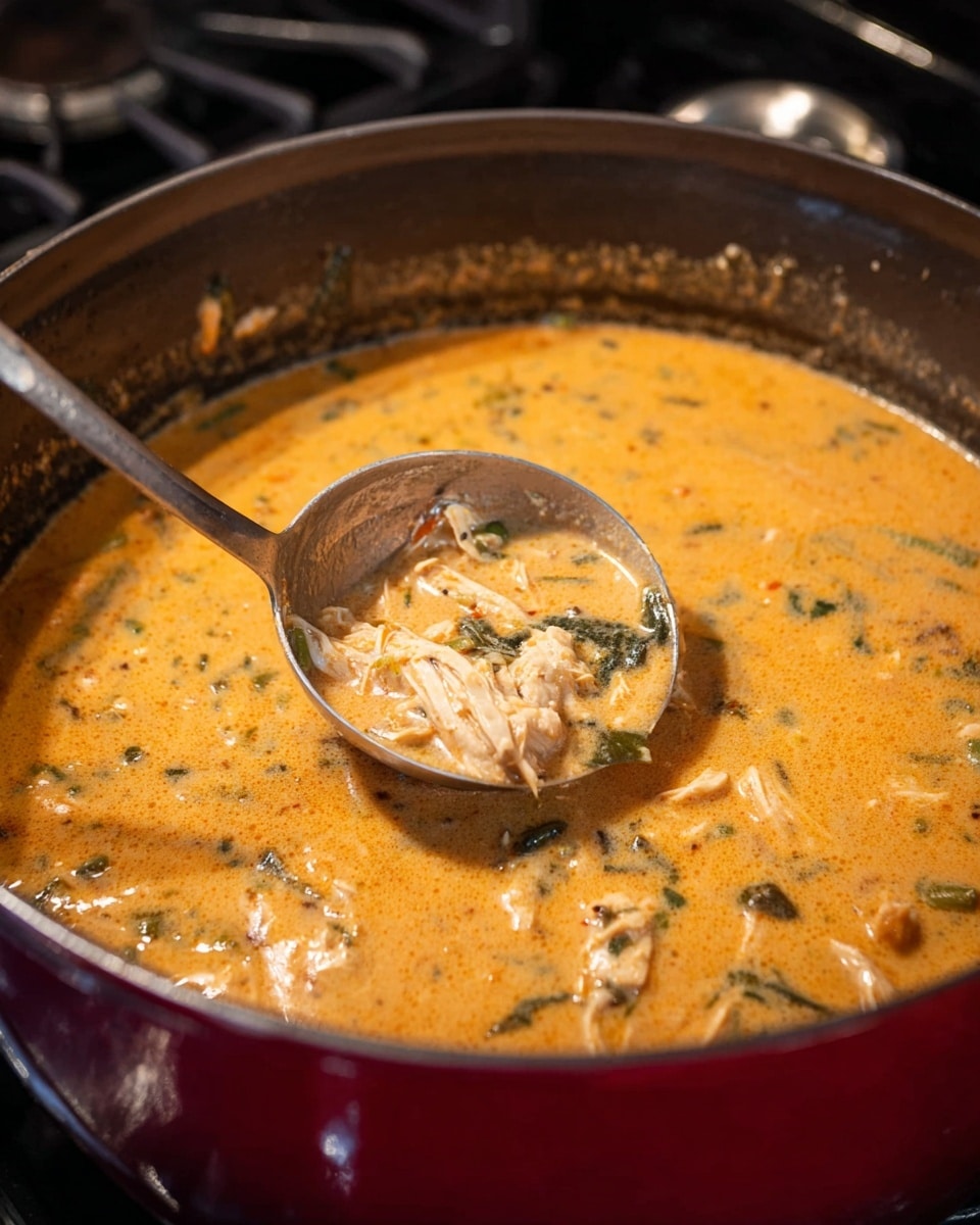 A thick orange-colored soup with a slightly creamy texture fills a large dark pan with a red outer side. The soup has visible small pieces of shredded light tan meat and chopped green vegetables mixed evenly throughout. A shiny metal ladle is scooping some soup, showing the creamy orange broth and chunks of meat and green veggies close up. The background shows part of a stove with dark and reflective surfaces. The photo taken with an iphone --ar 4:5 --v 7
