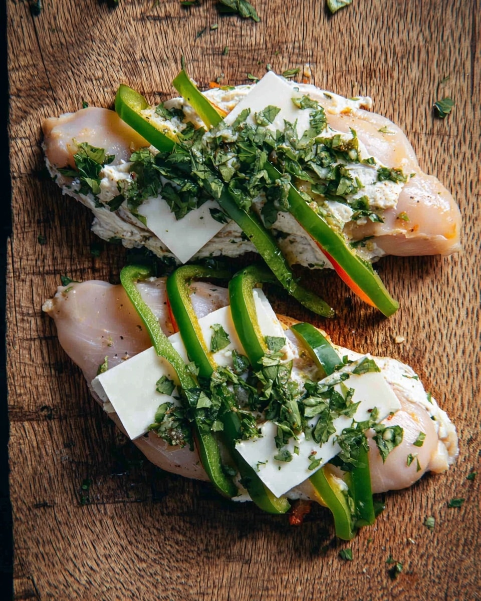 Two raw light pink chicken pieces lie on a wooden board as the base layer, each topped with thin green strips of bell pepper arranged diagonally. On top of the peppers is a creamy white layer of soft cheese spread, followed by a thin rectangular slice of white cheese. The dish is finished with a generous sprinkle of chopped green herbs covering all layers. The photo taken with an iphone --ar 4:5 --v 7