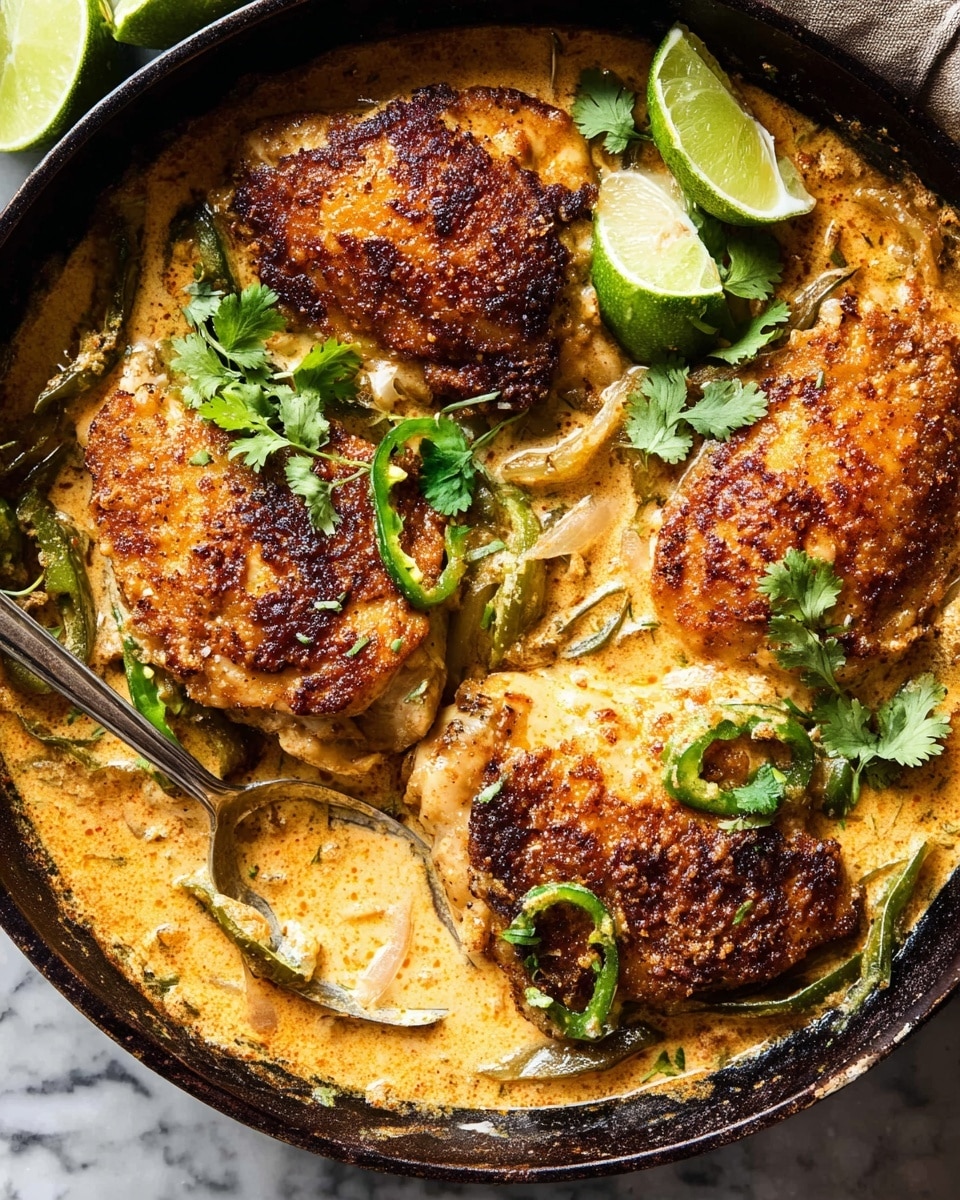 A close-up of a black pan filled with four browned crispy chicken pieces on top of a creamy orange sauce mixed with sliced onions and green peppers; scattered green cilantro leaves lay over the chicken and sauce, adding bright color contrast. The surface under the pan is white marbled texture with lime wedges placed nearby. A spoon peeks into the pan, partially covered by the sauce and vegetables. photo taken with an iphone --ar 4:5 --v 7
