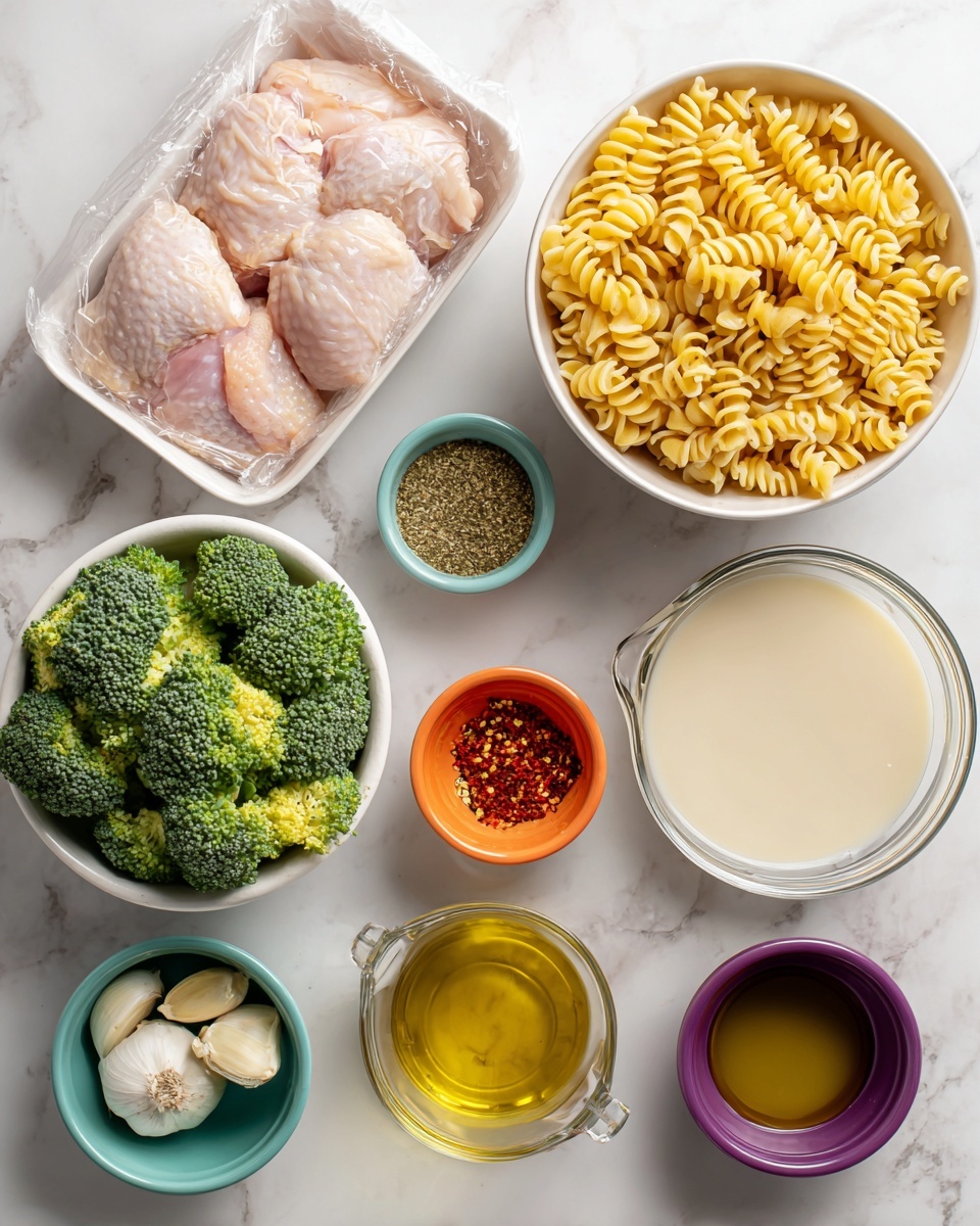 The image shows an overhead view of several ingredients arranged on a white marbled surface. In the top left corner, there is a packaged raw chicken with light pink flesh inside a plastic tray. To the right, a white bowl is filled with spiral-shaped, pale yellow fusilli pasta. Below that, there are two clear measuring cups: one with light brown chicken broth and the other filled with white half-and-half liquid. Near the center, an orange small bowl holds finely dried Italian seasoning, next to a small teal bowl with red pepper flakes. A tiny white bowl contains golden olive oil, and a small purple bowl has minced garlic. In the lower left, a white bowl contains many green broccoli florets. The arrangement is neat and well spaced. Photo taken with an iphone --ar 4:5 --v 7
