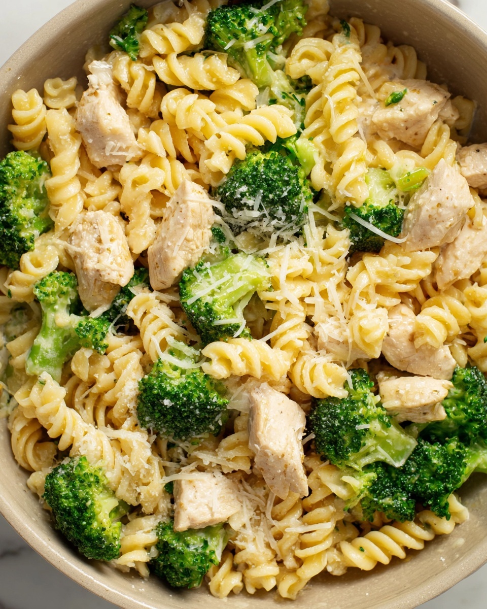 The image shows a close-up of a pasta dish with three main layers: the spiral-shaped pasta which is light yellow and twisted, tender pieces of white meat placed evenly among the pasta, and bright green broccoli florets that add a pop of color. The dish is coated with a light creamy sauce that adds a slight shine and some shredded cheese sprinkled on top. Everything appears mixed together in a bowl, set on a white marbled surface. photo taken with an iphone --ar 4:5 --v 7