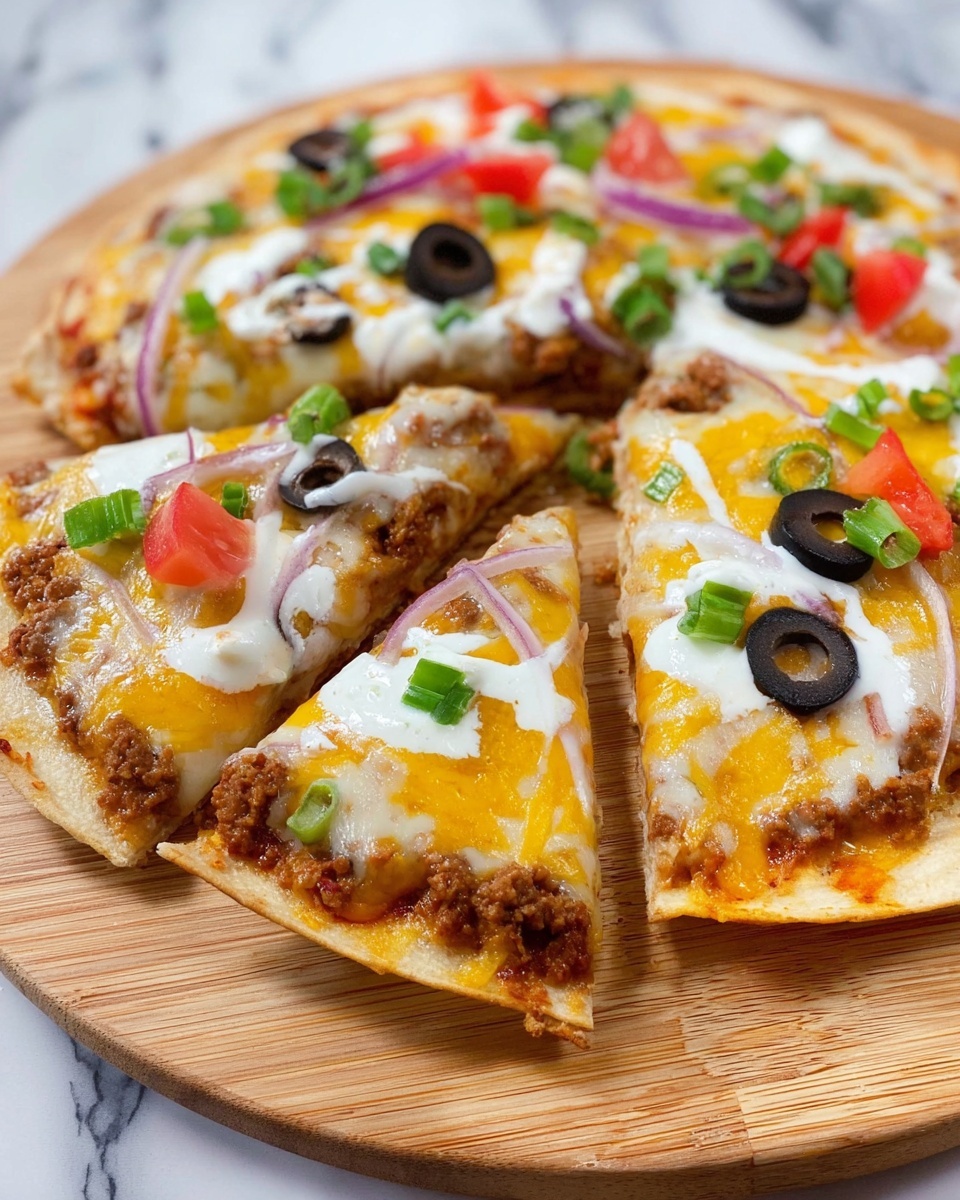 A small pizza is sliced into six pieces and placed on a wooden board. It has three visible layers: the bottom layer is a thin, golden-brown crust, the middle layer is ground meat spread evenly, and the top layer has melted yellow and white cheese with orange sauce patches. On top of the cheese, there are small bits of red tomato, black olive rings, green onion pieces, and purple onion bits. One slice is slightly lifted, showing white sour cream with green and red vegetable bits on it. The background is a white marbled texture. photo taken with an iphone --ar 4:5 --v 7