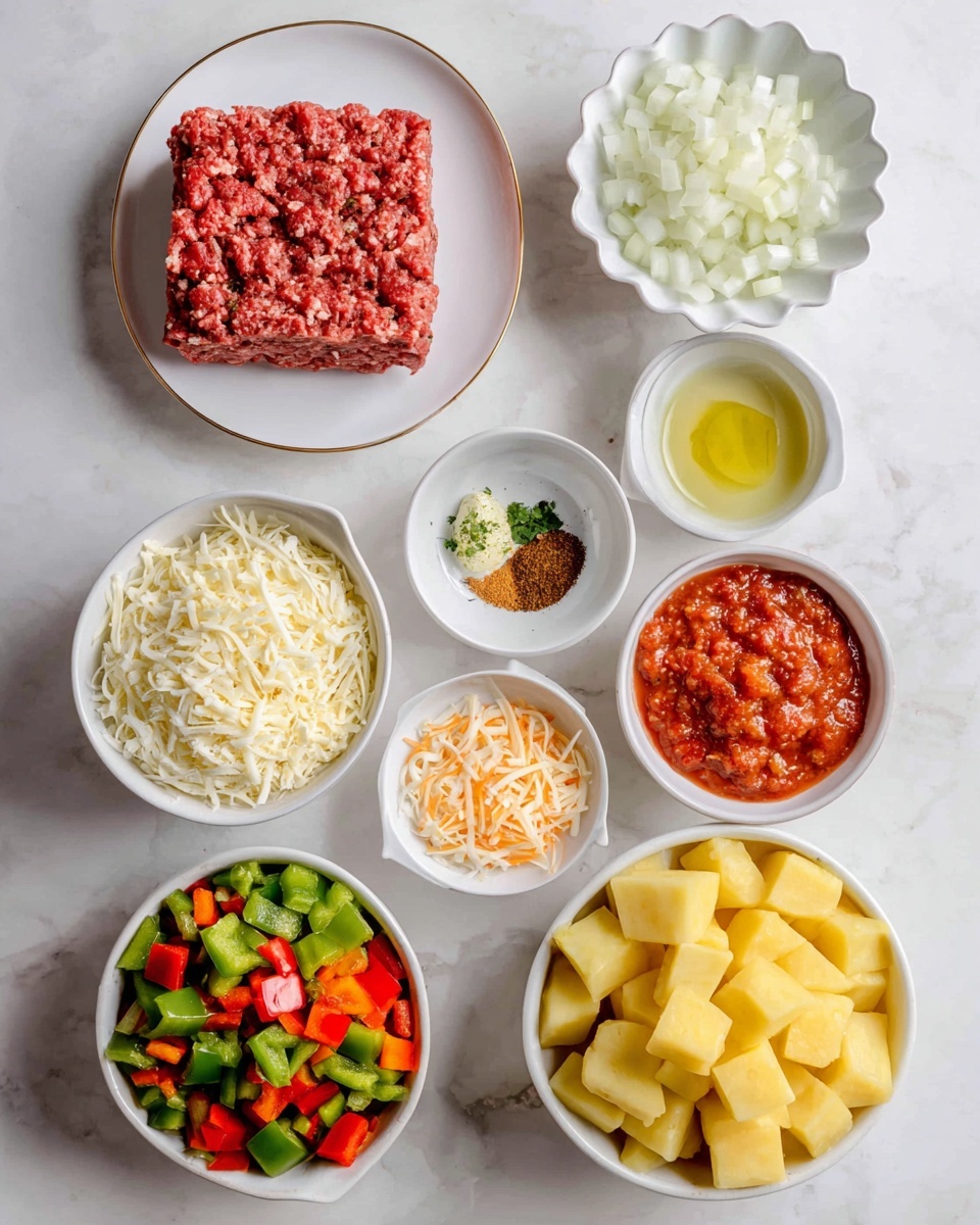 The image shows nine white bowls and plates arranged on a white marbled surface, each filled with different fresh ingredients for cooking. At the top left is a square block of red lean ground beef on a white plate with a thin gold rim. To its right, a scalloped white bowl is full of small white onion pieces, and below it in another scalloped white bowl is a pile of shredded Mexican cheese in light cream and pale orange colors. In the center, there are three small white bowls: one with finely chopped pale yellow garlic, one with a dark orange-brown taco seasoning powder, and one with clear olive oil. At the bottom left, a large white bowl holds a mix of chopped green and red bell peppers. To its right, a smaller white bowl contains chunky red salsa. Finally, at the bottom right, a large white bowl is filled with diced yellow potatoes. All ingredients are fresh and colorful, placed neatly to show texture and color contrast photo taken with an iphone --ar 4:5 --v 7