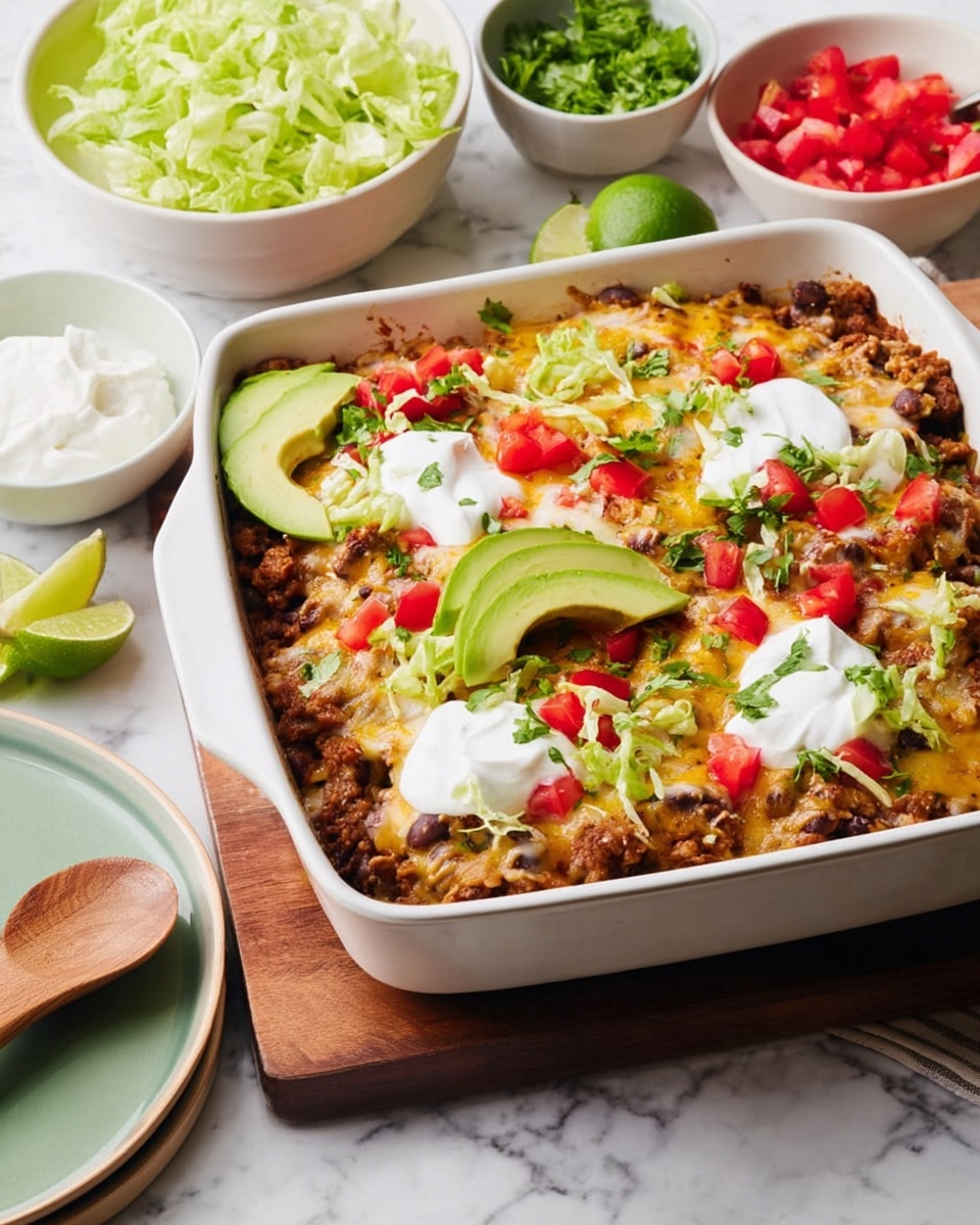 A white square baking dish filled with a layered casserole: the base layer is browned ground meat mixed with beans, topped with melted yellow and white cheese, scattered small red tomato chunks, fresh chopped green herbs, and thinly sliced light green lettuce. On top, there are three dollops of white sour cream, two lime wedges, and three slices of green avocado. The dish is set on a wooden board with a white marbled surface background. Nearby are three white bowls holding chopped lettuce, lime wedges, and diced tomatoes, and a green plate with sour cream and a wooden spoon. Photo taken with an iphone --ar 4:5 --v 7