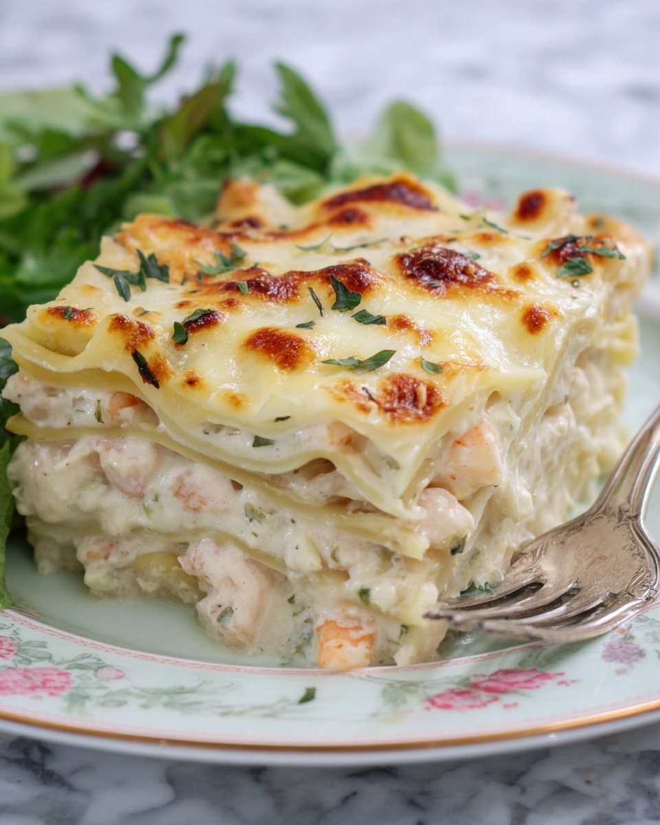 The image shows a close-up of a slice of lasagna with three visible layers of creamy white sauce mixed with small pieces of shrimp and green herbs, separated by thin, slightly translucent pasta sheets. The top layer is covered with melted cheese that has golden-brown spots from baking. The lasagna is placed on a white plate with a light floral pattern, with a silver fork on the right edge and some green leafy garnish in the background over a white marbled surface. photo taken with an iphone --ar 4:5 --v 7