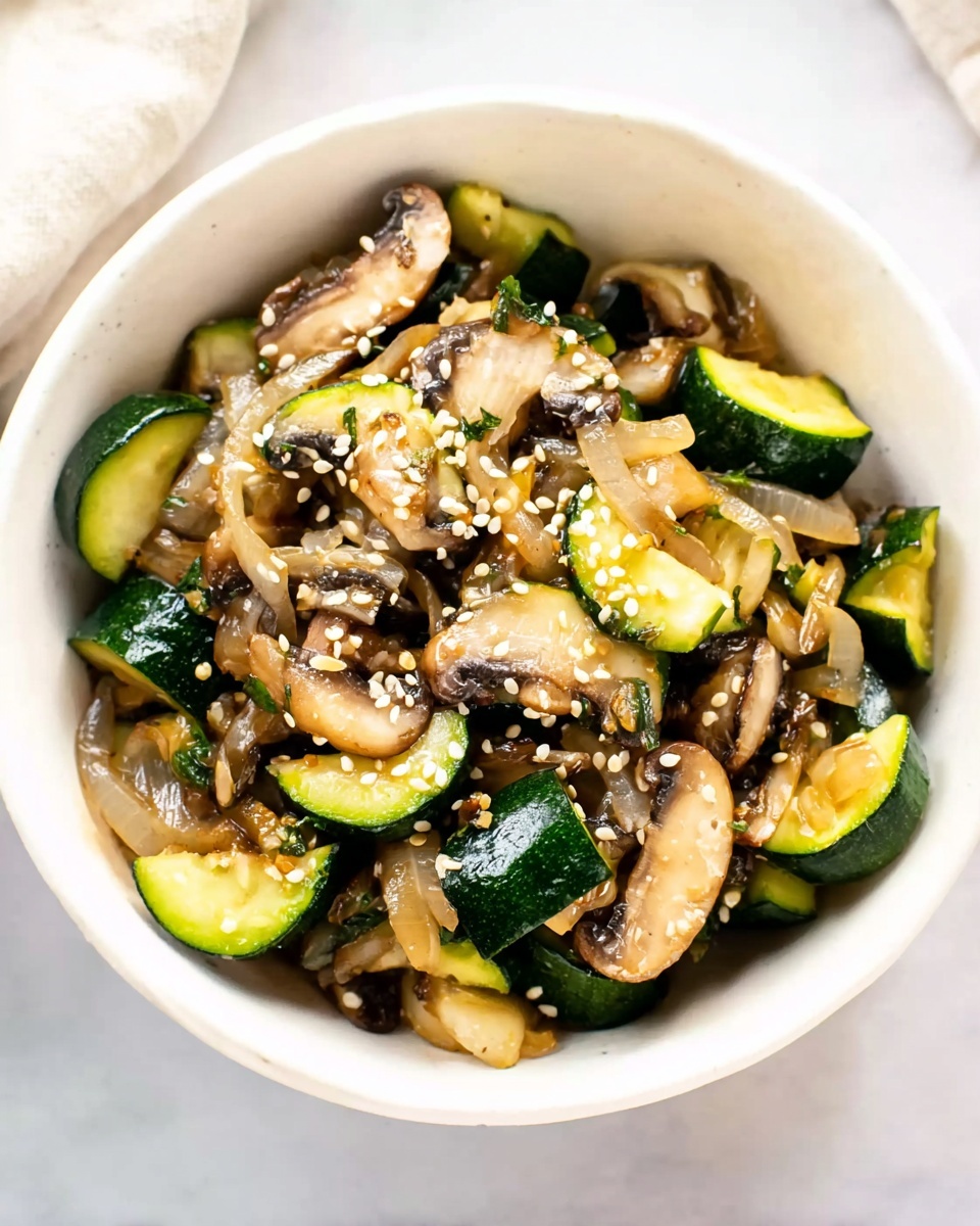 A white bowl filled with a mix of sliced mushrooms, thick chopped zucchini with dark green skin, and light brown cooked onions. The vegetables are cooked but still look fresh with a shiny texture. Light sesame seeds are scattered on top, adding small white and brown specks over the vegetables. The bowl sits on a white marbled surface with soft natural lighting highlighting the colors and textures of the dish photo taken with an iphone --ar 4:5 --v 7