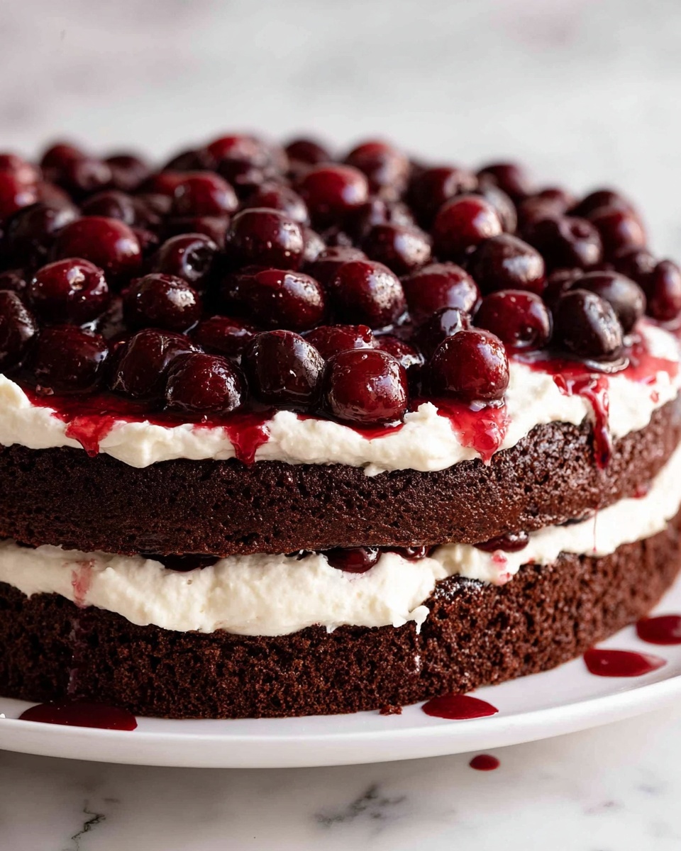 Black Forest Cake (Schwarzwälder Kirschtorte) Recipe 5 The image shows a two-layer chocolate cake on a white plate. The bottom layer is dark brown and thick. On top of that is a thick white cream layer, slightly spreading out at the edges. Above this cream is the second dark brown cake layer, also thick. On top of this second layer is another thick white cream layer, which is topped with many shiny, dark red cherries, some with juice dripping down the sides. A few drops of cherry juice have fallen onto the white plate. The background is a white marbled texture. Photo taken with an iphone --ar 4:5 --v 7