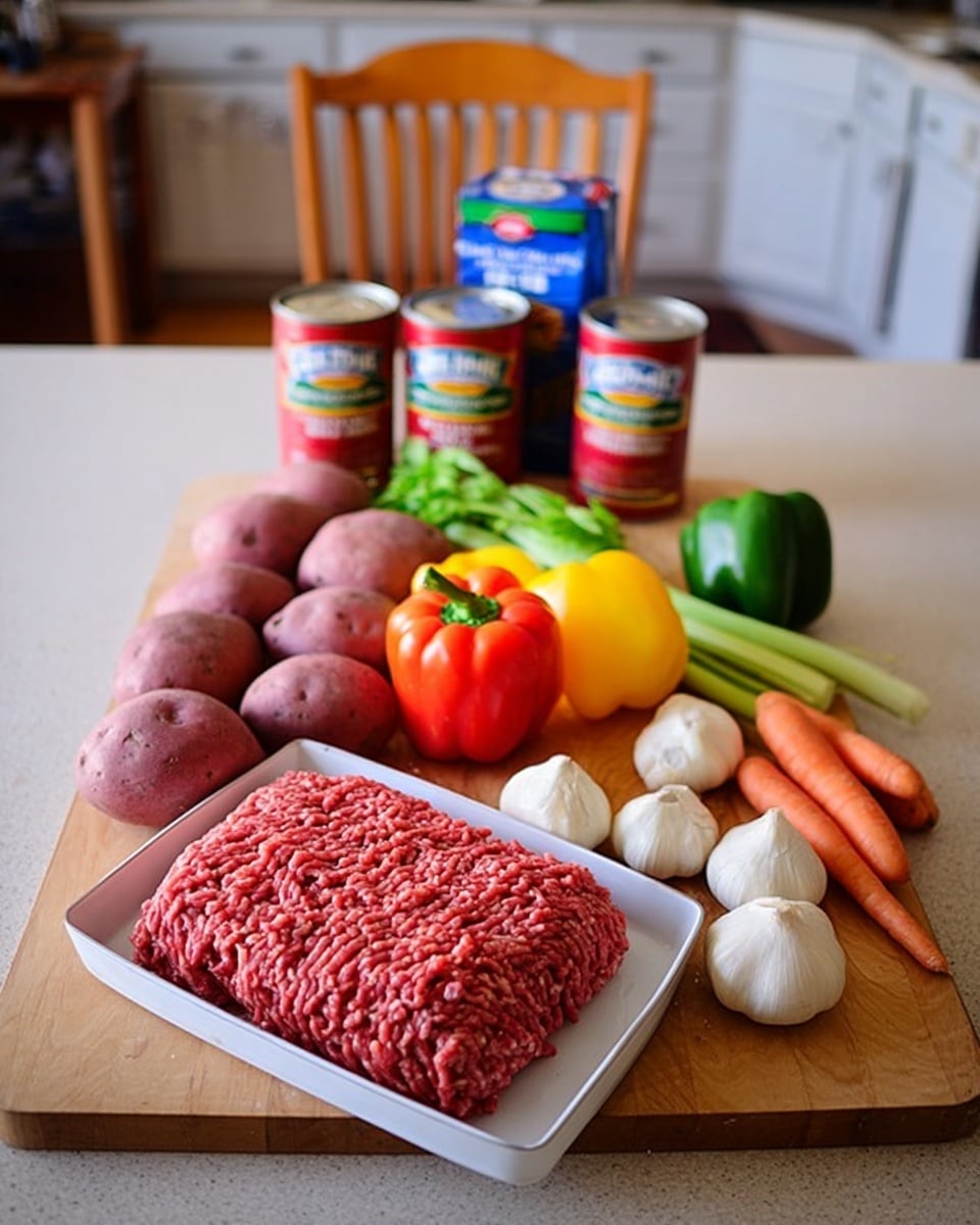 A white tray at the front holds a large rectangular pack of raw red ground meat with a slightly bumpy texture. Behind it and to the left, several reddish-purple potatoes are spread across a light brown wooden cutting board. On the same board are an orange carrot, a bunch of green celery stalks, a yellow bell pepper, four peeled white garlic cloves, and a light brown round onion. To the right front of the board, there is a whole red bell pepper and a green bell pepper next to more reddish potatoes. Two red cans of tomato products with green labels and a blue carton of beef stock stand upright on the white marbled surface behind the cutting board. The background shows part of a kitchen with wooden chairs and white cabinets. photo taken with an iphone --ar 4:5 --v 7