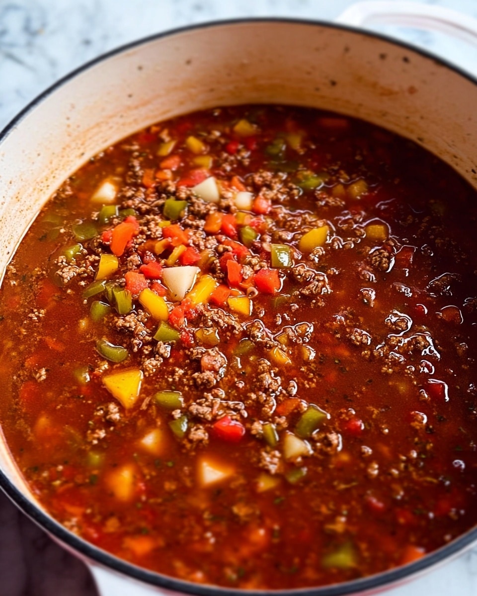 A close-up view of a thick stew in a white pot with a reddish-brown liquid base filled with small chunks of vegetables and ground meat. The top layer shows tiny pieces of red, yellow, and green bell peppers along with diced potatoes evenly spread. The stew looks rich and slightly oily with some dark brown meat bits and a mix of finely chopped ingredients floating on the surface. The white pot sits on a surface with a white marbled texture photo taken with an iphone --ar 4:5 --v 7