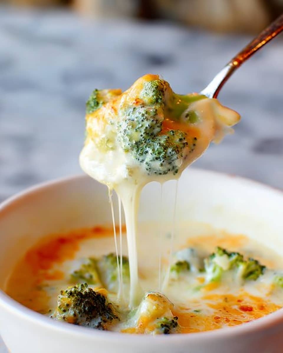 A close-up of a white spoon holding broccoli florets covered in melted, creamy cheese sauce with strings of the cheese dripping down. The spoon is lifted above a white bowl filled with the same cheesy broccoli soup. The color of the broccoli is bright green with orange-yellow cheese and white creamy sauce. The background is blurred and shows a white marbled texture. Photo taken with an iphone --ar 4:5 --v 7