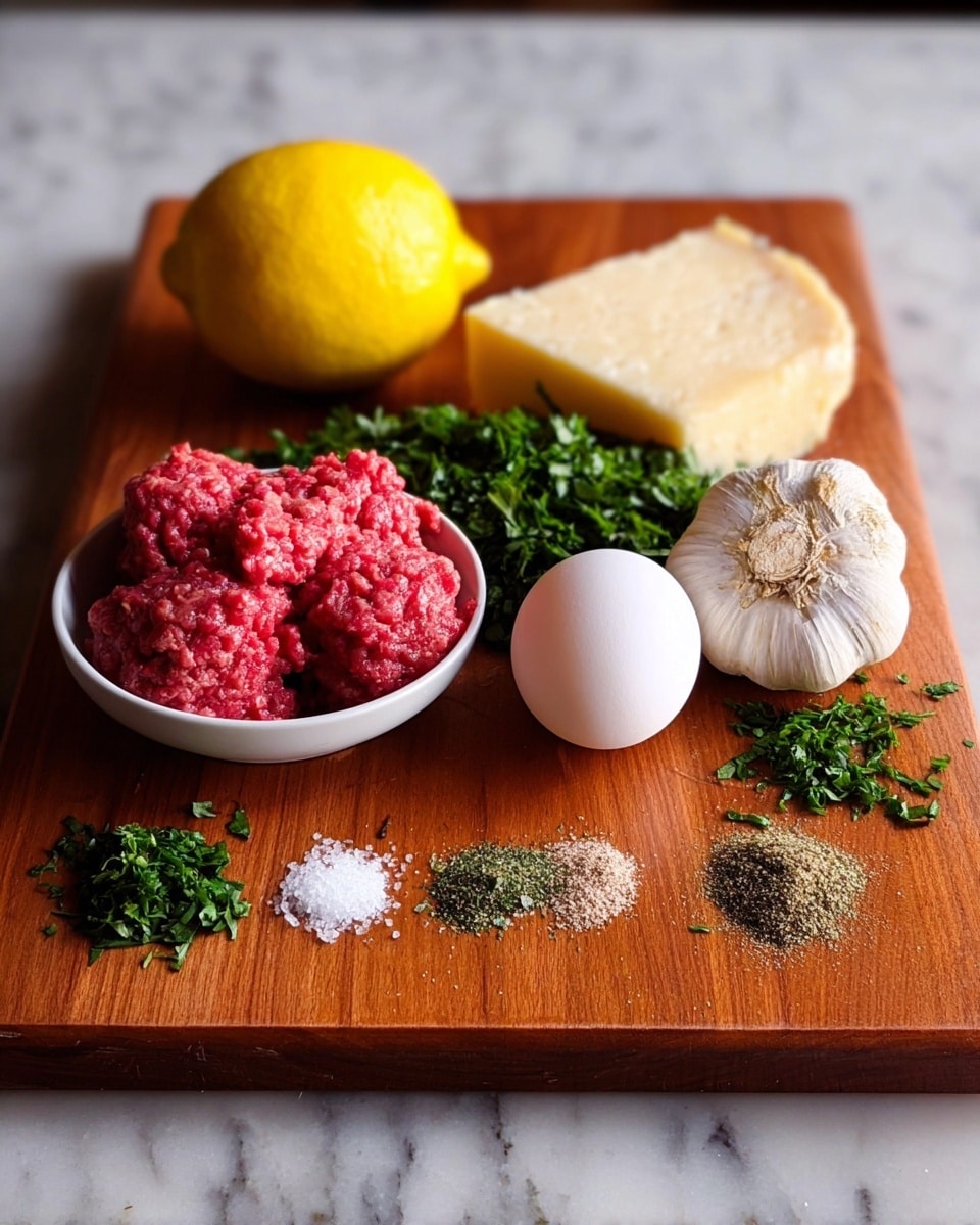 A wooden board holds several ingredients arranged in a neat row. On the left, there is a small white shallow bowl filled with bright red raw ground meat, showing a slightly coarse texture with visible tiny chunks. Next to it, there is a whole yellow lemon, with its smooth and shiny skin. Beside the lemon, an egg with a smooth white shell sits upright. To the right of the egg, a bulb of white garlic with several cloves wrapped tightly in papery skin rests on the board. A wedge of hard cheese with a light creamy color and a rough rind is positioned behind the garlic. In front of the lemon and garlic, finely chopped fresh green herbs form a small pile with leafy texture. Lastly, small piles of greenish-brown powder, coarse salt, and darker ground spice are spread in a line on the wooden board in front of the chopped herbs and other ingredients. The background shows a white marbled surface. photo taken with an iphone --ar 4:5 --v 7