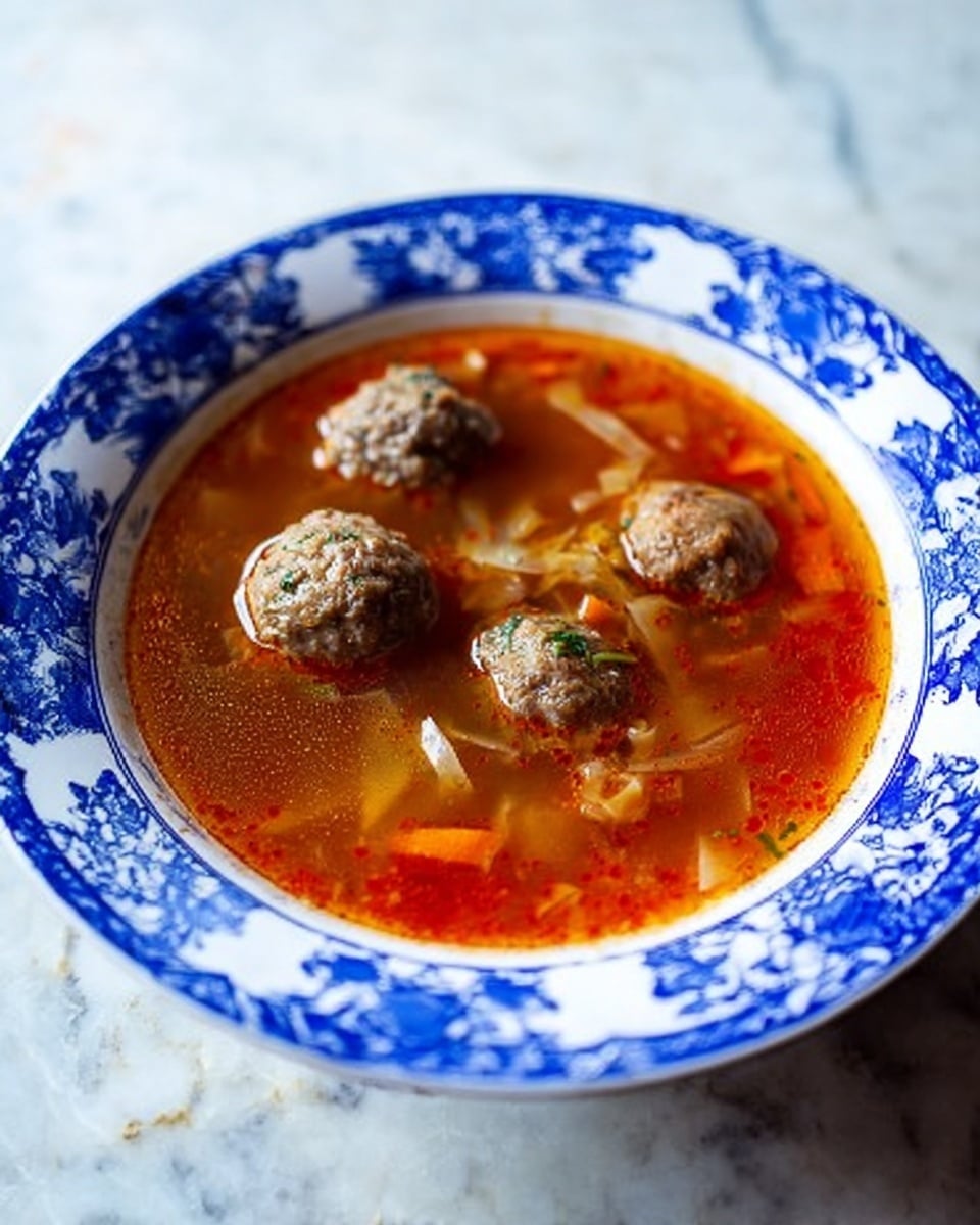 A white bowl with blue floral patterns around the edge is filled with a red broth soup. Inside the soup, there are four meatballs floating with visible herbs, along with thin, light yellow cabbage strips and small pieces of orange carrot mixed in the broth. The broth has a slightly oily surface, showing a rich texture. The bowl is placed on a white marbled surface with soft natural lighting coming from one side. photo taken with an iphone --ar 4:5 --v 7