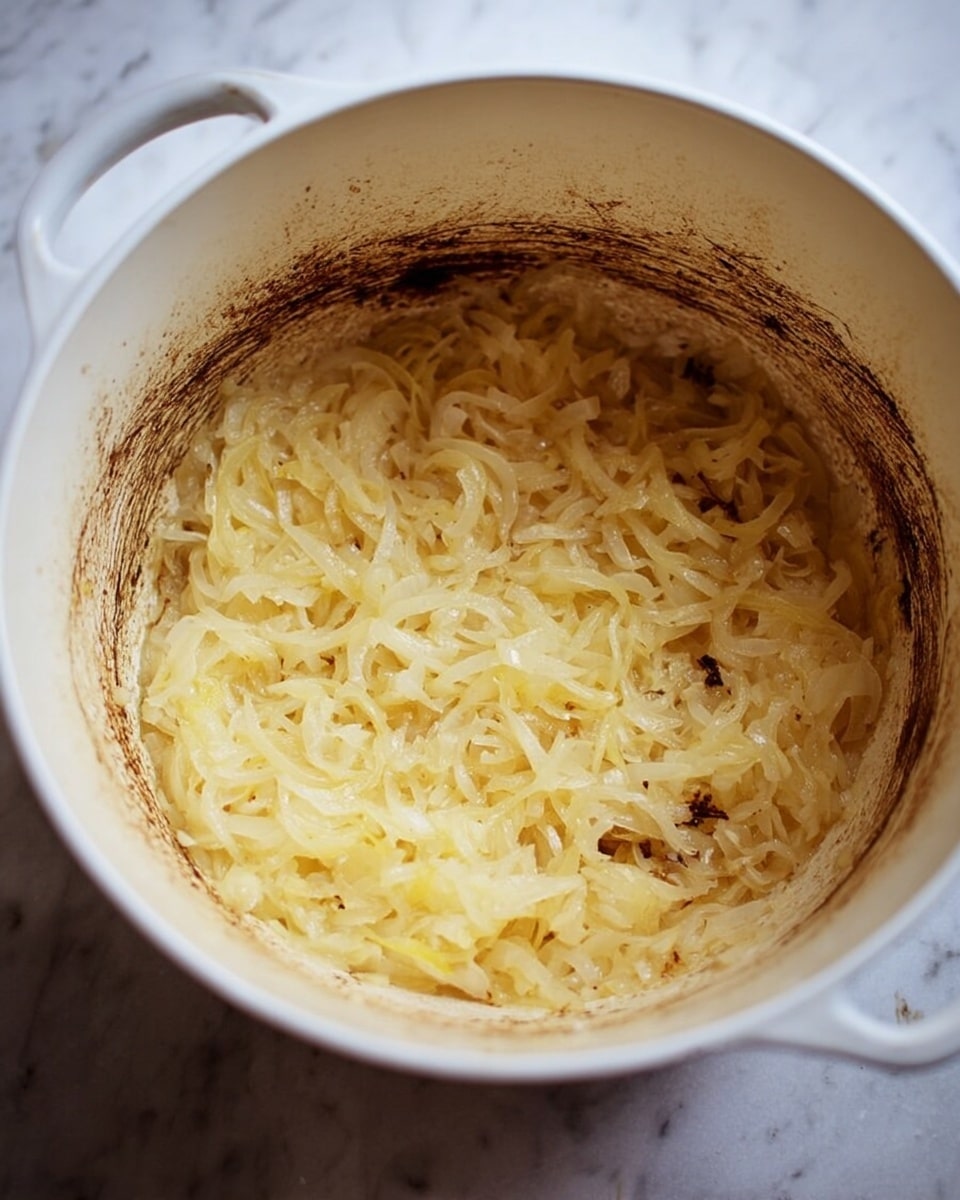 Inside a white pot resting on a white marbled surface, there is a single layer of thin, light yellow cooked onions that have slight browning and soft texture, spread evenly across the bottom. The pot’s inner sides show cooked and slightly darkened residue marks, adding contrast to the bright onions. The scene is warm and focused on the texture and slight caramelization of the onions. photo taken with an iphone --ar 4:5 --v 7