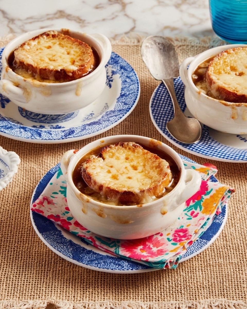 The image shows two white bowls filled with French onion soup, each bowl resting on a white plate with a blue checkered edge and a colorful floral napkin underneath. The soup is dark brown with visible onion pieces, topped with a toasted round slice of bread covered in melted golden-brown cheese that is slightly browned and bubbly. The bowls are placed on a beige woven cloth, with a white marbled surface in the background. A spoon is seen next to the bowl on the right side, and a blue cup is partially visible at the top right corner. photo taken with an iphone --ar 4:5 --v 7