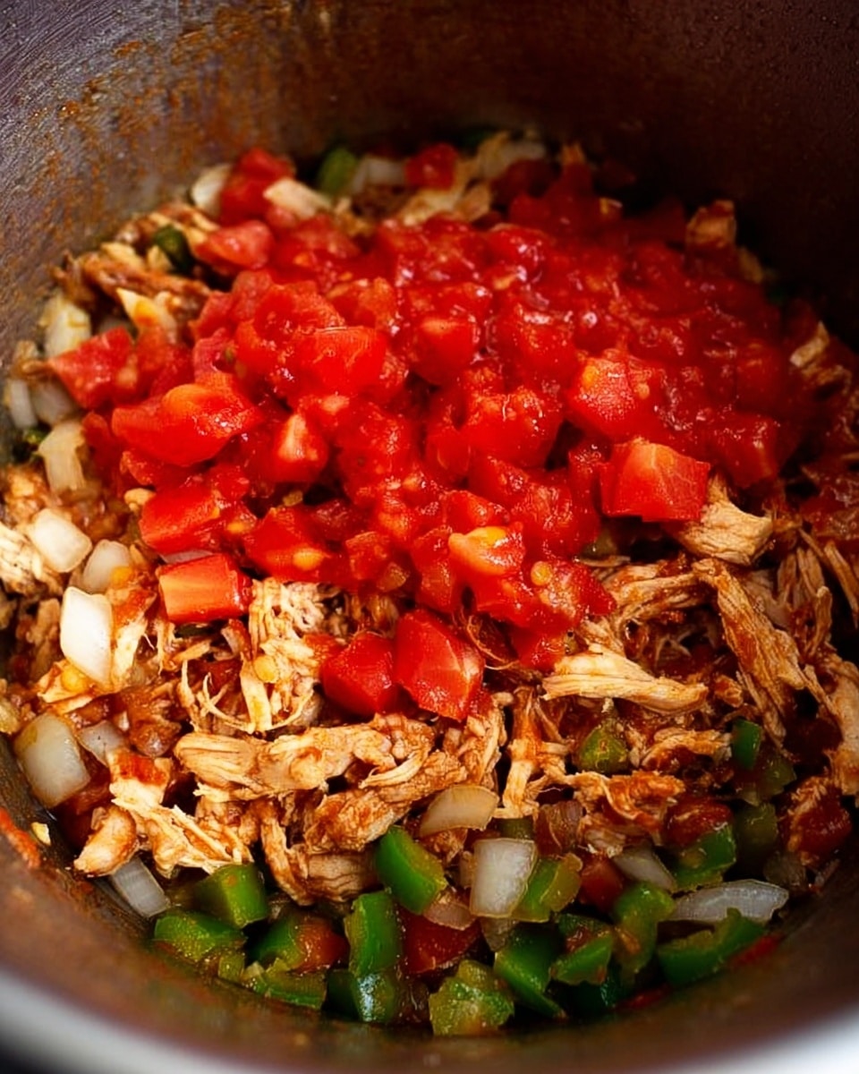The image shows a close up inside a metal pot with layers of cooked food. At the bottom, there are small pieces of green peppers mixed with cooked onions that appear soft and translucent. Above that, shredded pieces of brownish-red cooked chicken are spread unevenly, covering most of the bottom. On top, there is a generous layer of bright red diced tomatoes, adding a fresh and juicy look with some seeds visible. The overall colors are warm with red, green, brown, and hints of white from the onions. The pot surface has a slightly worn metallic texture inside. photo taken with an iphone --ar 4:5 --v 7