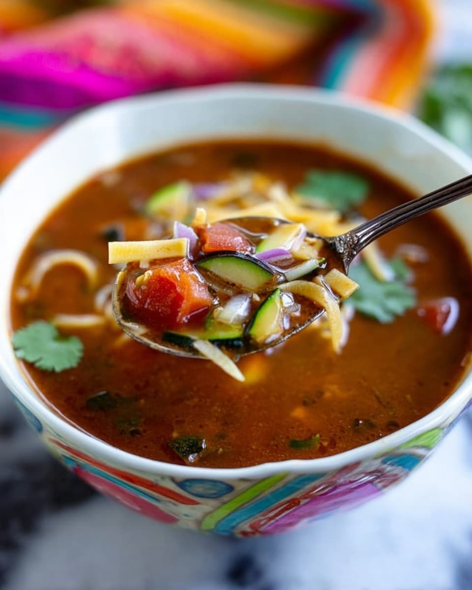 A close-up of a bowl of soup with a rich brown broth that fills most of the bowl. Inside the soup, there are small cubes of red tomatoes, green strips of zucchini, and small pieces of purple onions floating on top. There are also thin, wide pieces of a yellowish pasta-like ingredient submerged in the broth. Some green cilantro leaves rest gently on the surface. A spoon lifts a portion of the soup, showing the pasta pieces, diced onions, and bits of vegetables clearly. The bowl is white with colorful patterns on the outside, placed on a white marbled surface, and a soft blur of a colorful cloth is visible in the background. Photo taken with an iphone --ar 4:5 --v 7