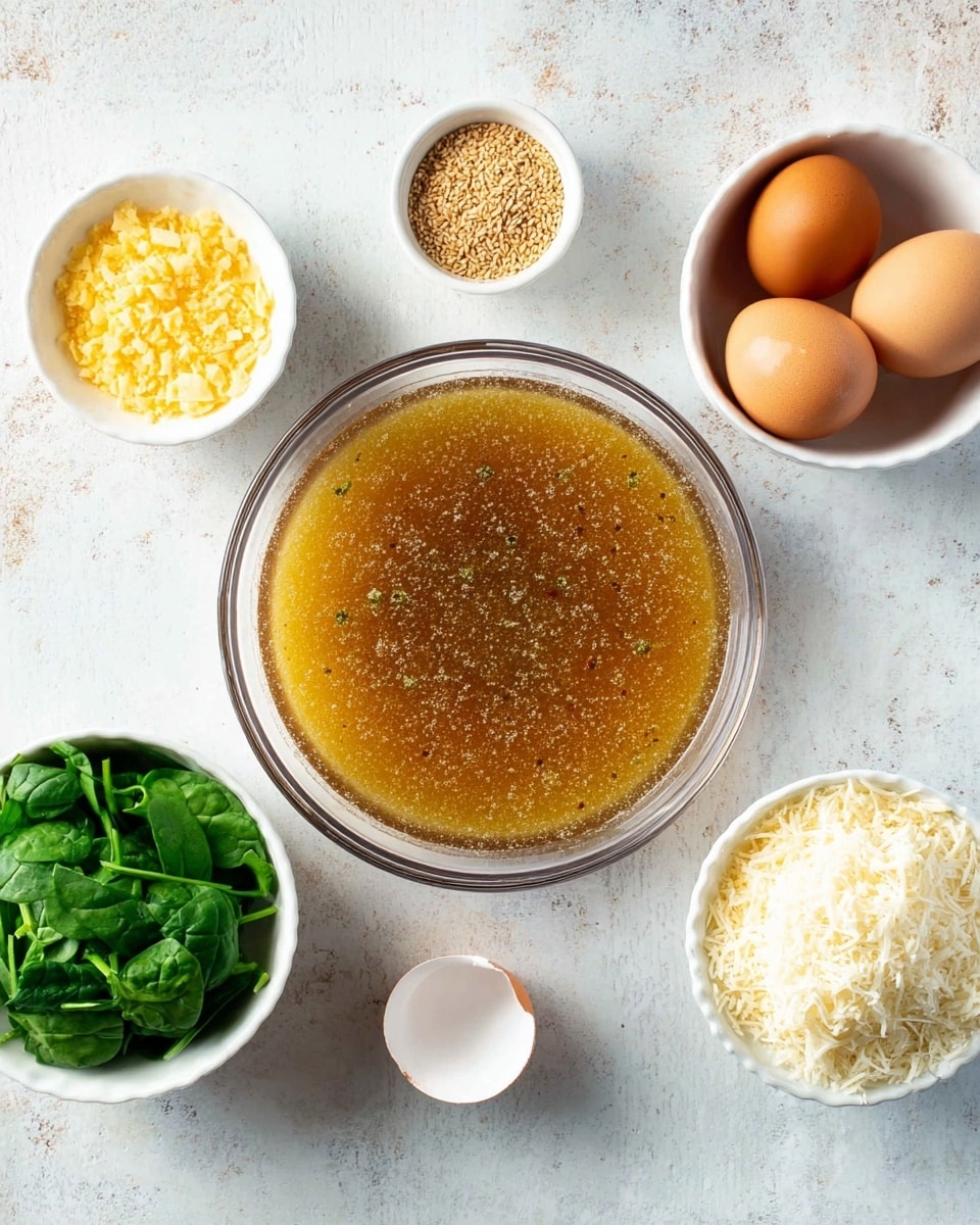 A clear glass bowl filled with a golden-brown liquid with some specks floating on top is centered on a white marbled surface. Around it are five small white bowls: the top left bowl holds small yellow pieces, the bowl next to it contains light brown seeds or spices, a bowl below them is filled with bright green spinach leaves, a bowl to the right holds four brown eggs, and the last bowl on the bottom right side contains finely grated white cheese. photo taken with an iphone --ar 4:5 --v 7