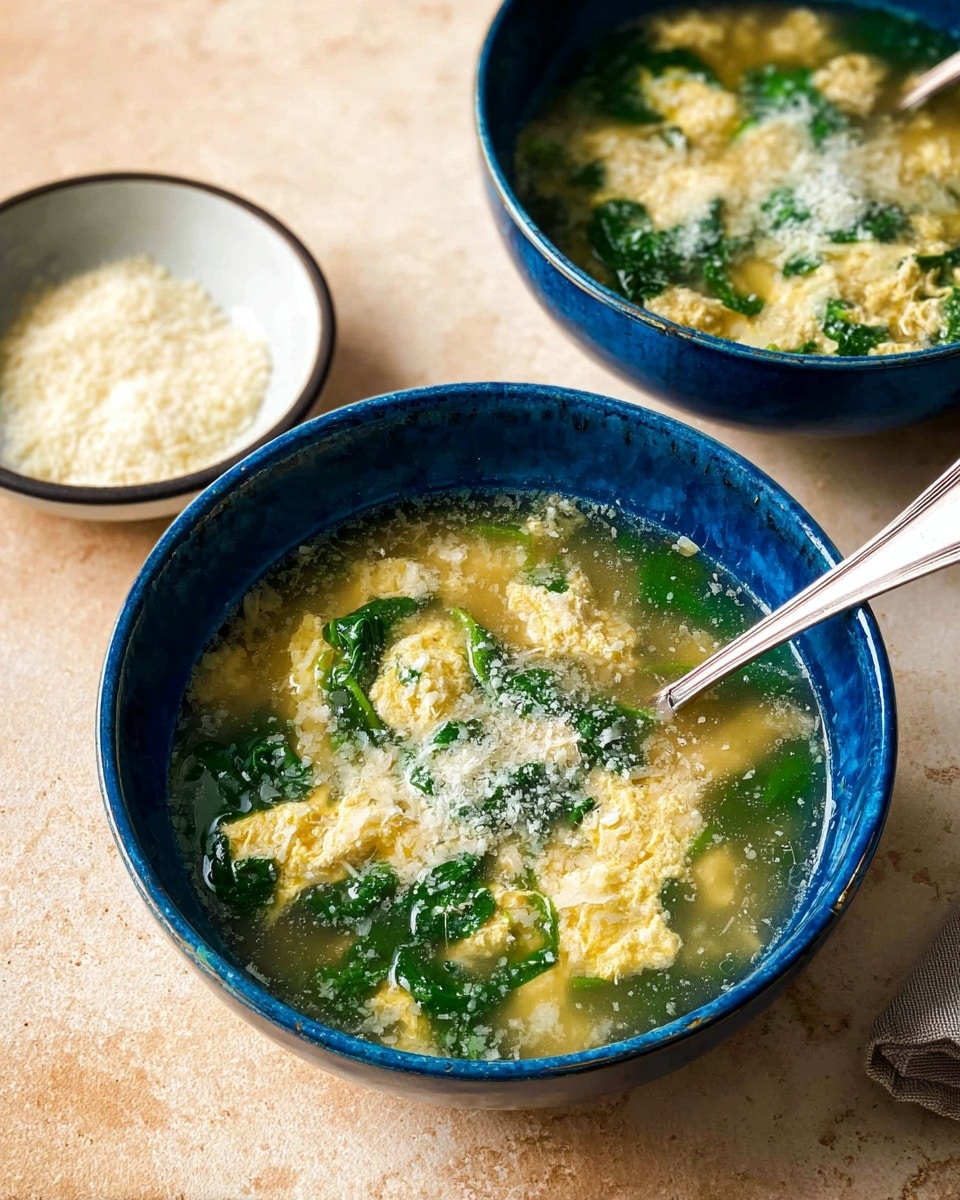 The image shows two blue bowls filled with a clear soup that has soft, light yellow curdled egg pieces and bright green spinach leaves scattered throughout. Each bowl has a silver spoon placed inside. The soup surface has a topping of finely grated white cheese in the middle layer. The blue bowls sit on a light beige surface with a small white bowl with dark rim in the background containing more grated cheese. Photo taken with an iphone --ar 4:5 --v 7