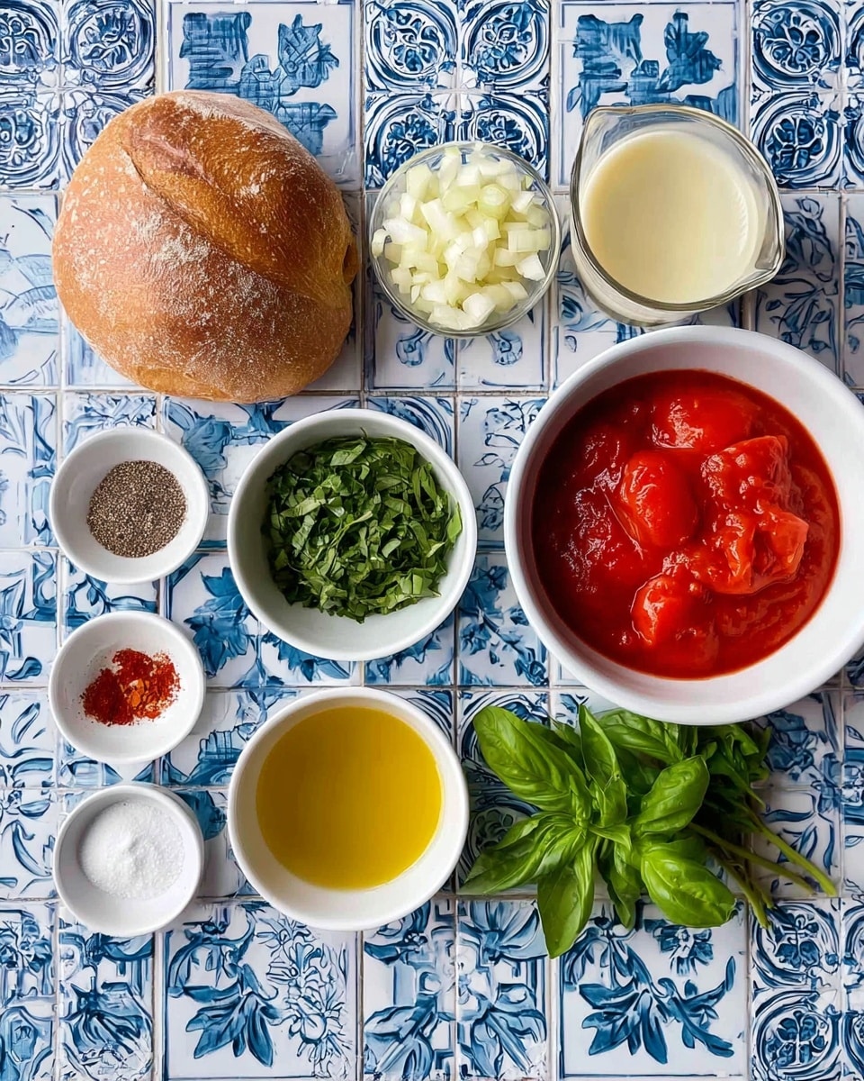 A top view of several ingredients arranged on blue and white patterned tiles. There is a large white bowl on the right side filled with whole peeled red tomatoes covered in thick red sauce. Below it is a small white bowl with torn fresh green basil leaves. Next to that is a round loaf of brown crusty bread. Above the bread are three small white bowls in a line: chopped white onions, thinly sliced white garlic, and crushed red pepper flakes. To the left of the garlic bowl is a small white bowl with black pepper, and next to that is a white bowl with coarse white salt. Above and to the left is a glass pitcher with light yellow broth. Below it is a small white bowl filled with golden yellow olive oil. Fresh green basil stalks lie next to the olive oil bowl. The whole setup is on a blue and white tile surface. photo taken with an iphone --ar 4:5 --v 7