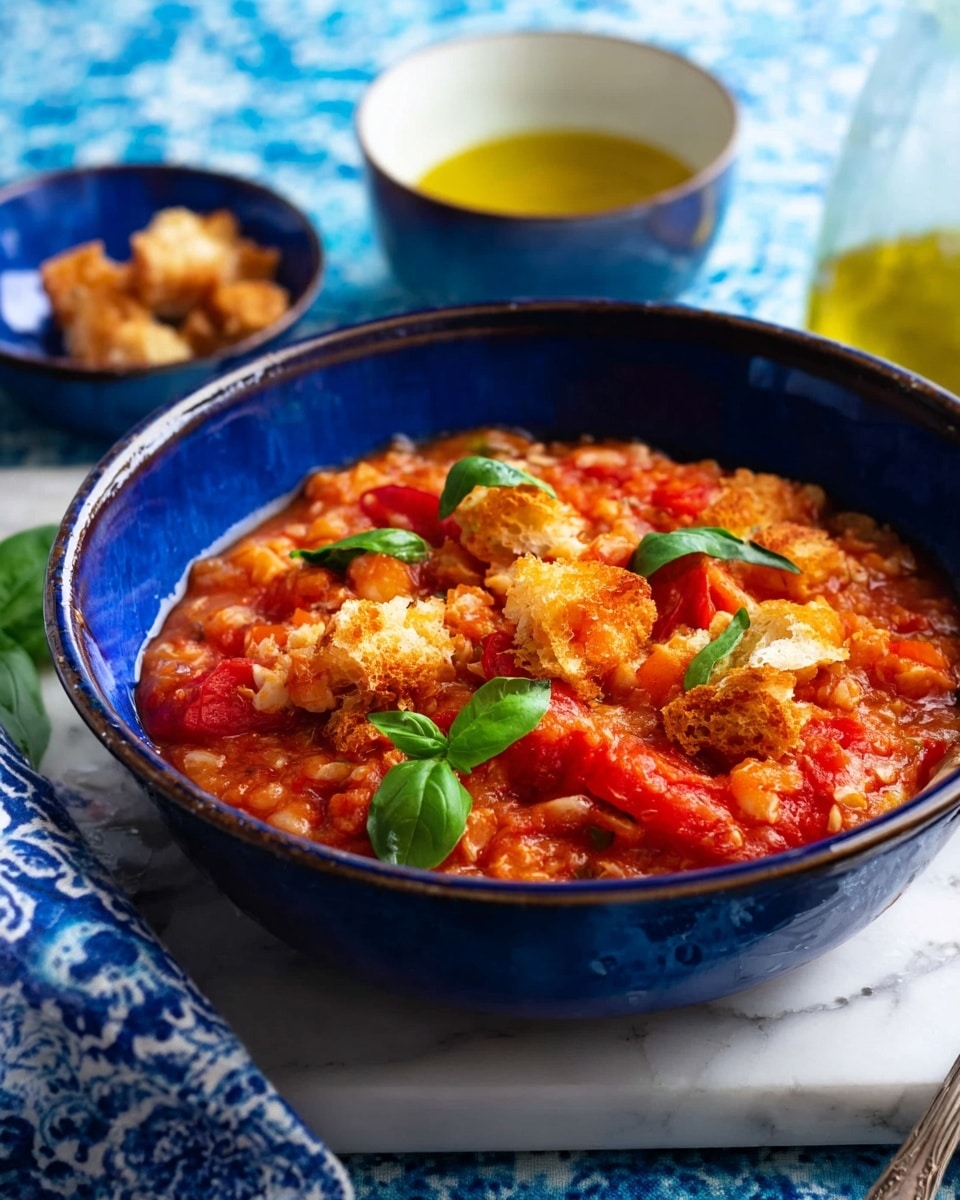 A deep blue bowl holds a thick, chunky red stew with visible pieces of tomato and soft textured rice. On top, there are golden brown croutons scattered along with fresh green basil leaves that add a touch of bright color. The bowl sits on a white marbled surface with a blue patterned cloth partly visible in the background. To the side, a white bowl with olive oil and another deep blue bowl with extra croutons are slightly blurred. The overall look is rustic and warm, with vibrant reds, greens, and golden browns standing out. photo taken with an iphone --ar 4:5 --v 7