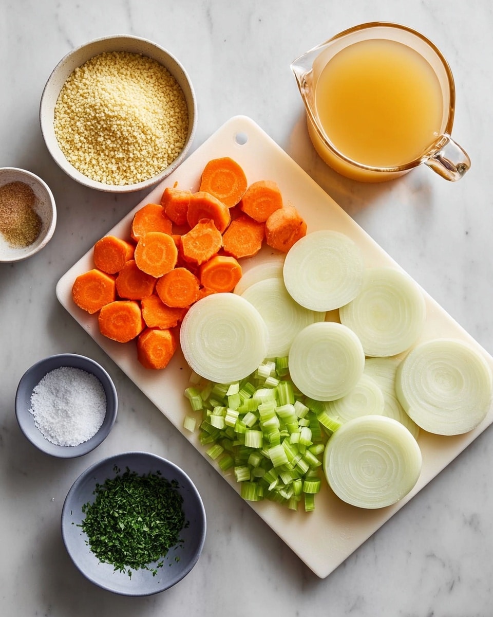 The image shows a white marbled surface with a white cutting board in the center holding three layers of sliced vegetables: the first layer on the right side has six round slices of pale yellow onion, the middle layer has small chopped green celery pieces, and the left layer has thick round orange carrot slices. Surrounding the board are small white bowls with salt and grated cheese, a white bowl filled with pale yellow couscous, a small gray bowl holding chopped green herbs, and a clear glass jug filled with light golden broth. All items are neatly arranged. Photo taken with an iphone --ar 4:5 --v 7