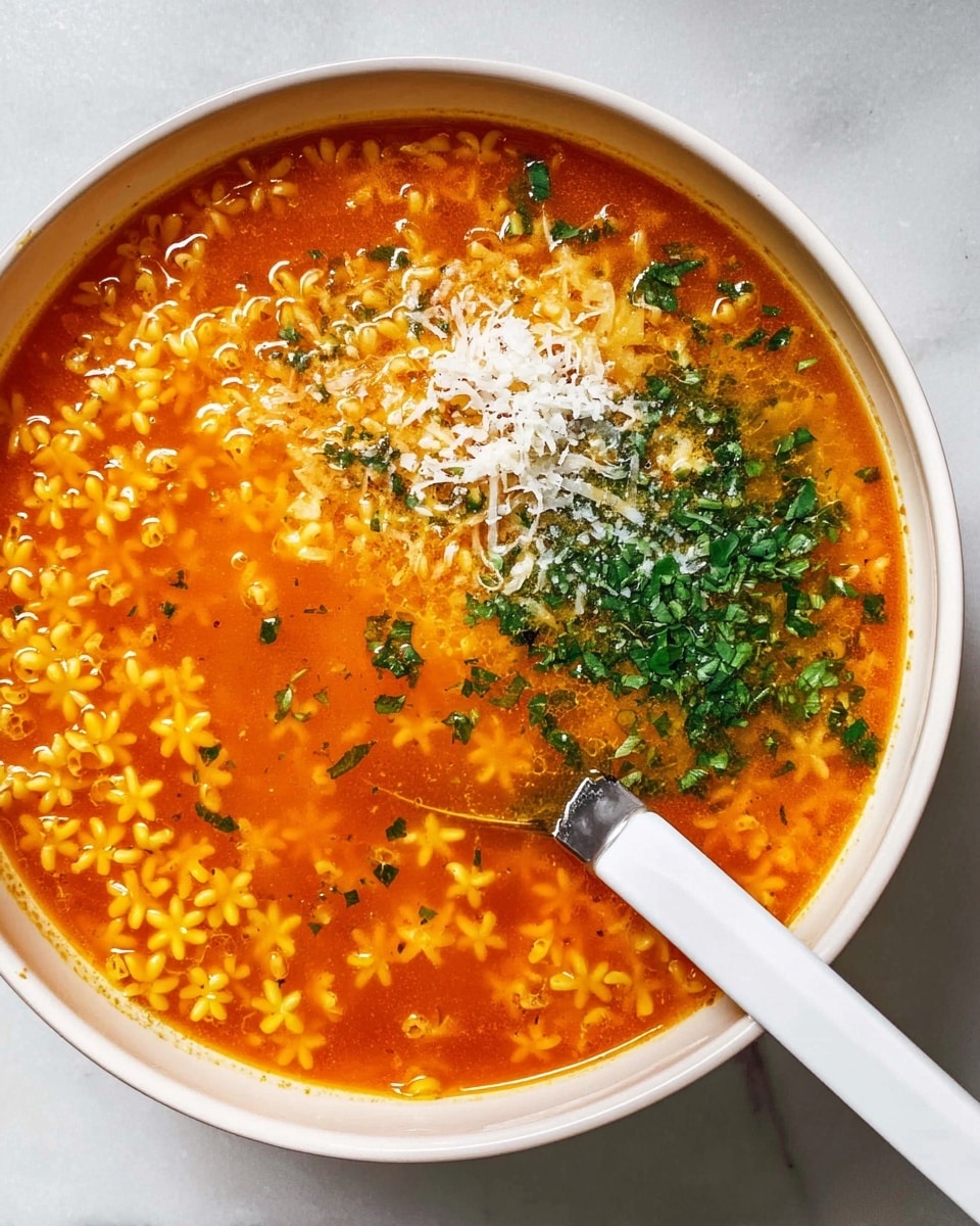 A large white bowl filled with bright orange broth soup with small star-shaped pasta spread in the bottom half, topped with finely chopped green herbs mainly in the center right, and a sprinkle of white shredded cheese on the top left side. A white-handled spoon rests on the bottom right, partially submerged in the soup, showing the clear broth with pasta underneath. The bowl is placed on a white marbled surface. photo taken with an iphone --ar 4:5 --v 7