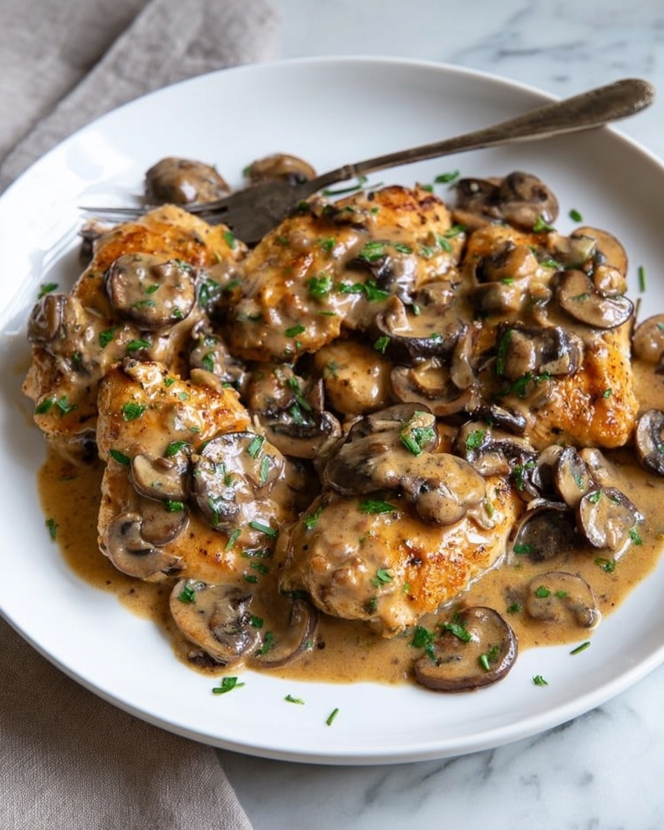 A white plate on a white marbled surface holds several golden brown cooked pieces of chicken, each covered with a textured layer of light brown mushroom sauce and scattered with dark brown sliced mushrooms. Small green herb pieces are sprinkled on top, adding a fresh contrast. A silver fork rests near the top edge of the plate. Photo taken with an iphone --ar 4:5 --v 7