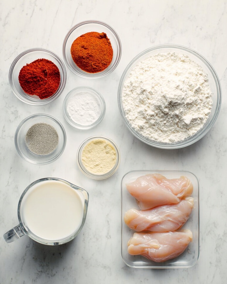 A white marbled surface holds several small clear glass bowls and one large clear bowl with ingredients arranged neatly. The large bowl on the right is filled with white flour. A small bowl near the top has a mix of red and orange powders. Next to it, another small bowl holds a darker red powder. Two other small bowls contain a grayish-black powder and a light yellow powder respectively. There is a clear glass measuring cup filled with a white liquid, likely milk or cream, and another small bowl with a white powder. A medium container in the bottom right corner holds several raw pale pink chicken strips neatly placed side by side. All items are spaced evenly on the surface. photo taken with an iphone --ar 4:5 --v 7