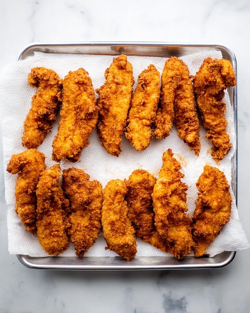The image shows a silver tray lined with white paper towels, holding thirteen golden brown fried chicken strips arranged neatly in three rows. Each strip has a crunchy, textured coating with an uneven, crispy surface that highlights the fried batter. The chicken strips are placed on a white marbled surface, creating a clean and simple background. The lighting is bright and natural, showing off the warm and crunchy look of the chicken. photo taken with an iphone --ar 4:5 --v 7