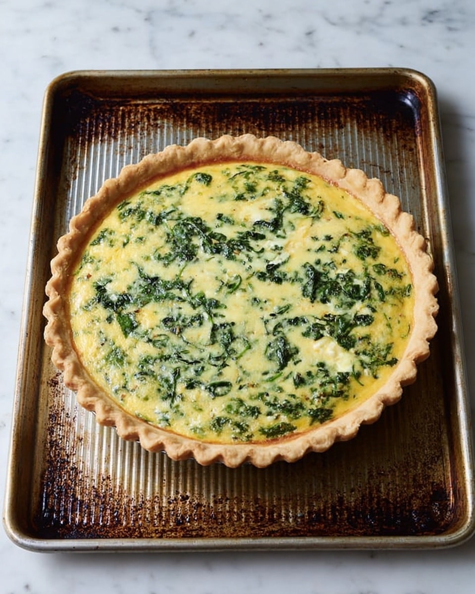 The image shows a whole spinach quiche resting on a metal baking tray. The quiche has one main layer: a golden-brown crust that forms a thick, scalloped edge around the pie and a creamy, light yellow filling speckled evenly with green spinach throughout. The quiche is centered on the tray, which looks well-used with dark brown spots and a ribbed surface. The tray sits on a white marbled surface. photo taken with an iphone --ar 4:5 --v 7