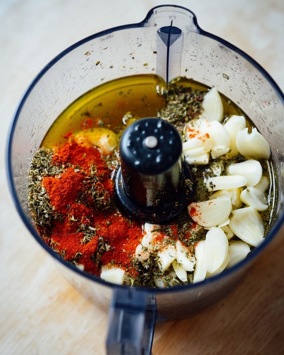 A close-up view of a clear food processor bowl sitting on a white marbled surface, filled with layers of raw chopped white garlic pieces, small green dried herbs, bright red powder spices, and a pool of golden olive oil, all mixed together but not blended yet, with the black central blade attachment in the middle showing some red powder on its side photo taken with an iphone --ar 4:5 --v 7