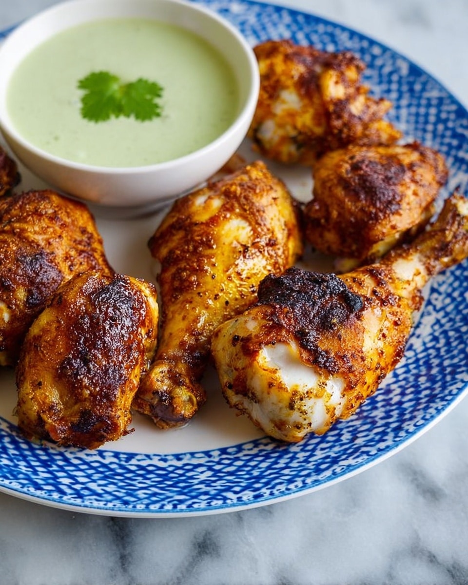 A white plate with a blue patterned rim holds five pieces of golden brown roasted chicken with some darker crispy spots. On the left side of the plate is a white bowl filled with light green sauce topped with a small green herb leaf. The chicken pieces include drumsticks and a larger piece of chicken with textured skin showing visible spices. The plate rests on a white marbled surface. Photo taken with an iphone --ar 4:5 --v 7