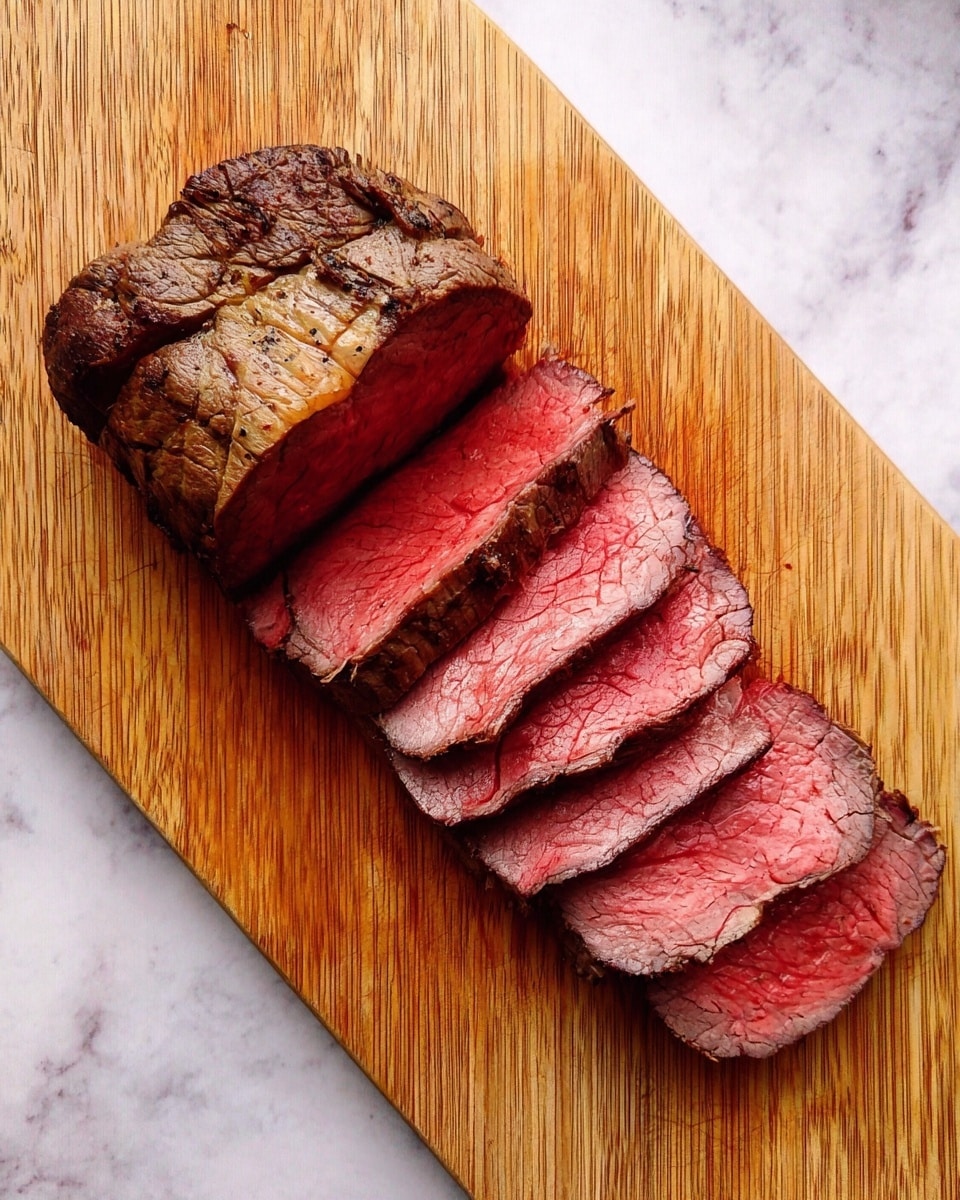 A wooden board on a white marbled surface holds a small roast beef. The roast beef is partially sliced into six thick pieces, showing a deep pink-to-red center with a well-cooked, darker brown outer edge. The slices are aligned next to the bigger unsliced piece, revealing juicy and tender textures with slight grill marks. photo taken with an iphone --ar 4:5 --v 7