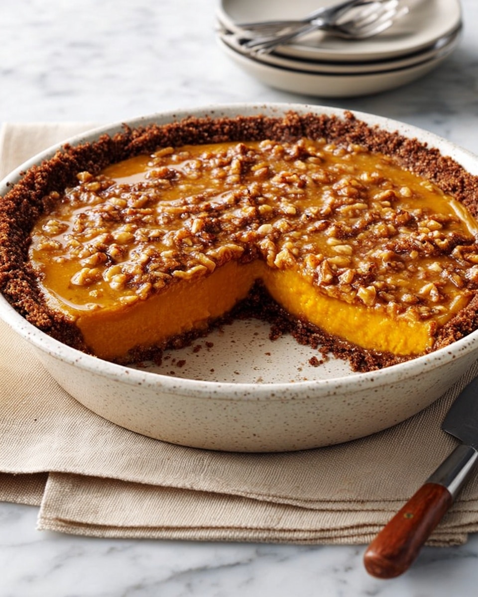 A white speckled round dish holds a pie with two clear layers: the bottom layer is dense and smooth with a bright orange color, while the top layer is a glossy golden mixture filled with visible small nuts, creating a slightly bumpy texture. The pie's crust is thick and crumbly, dark brown in color, lining the dish's edge. A slice has been taken out, showing the clean separation between the orange layer and the nutty topping. The dish is set on a beige cloth on a white marbled surface, with a metal pie server with a brown handle resting nearby. Photo taken with an iphone --ar 4:5 --v 7