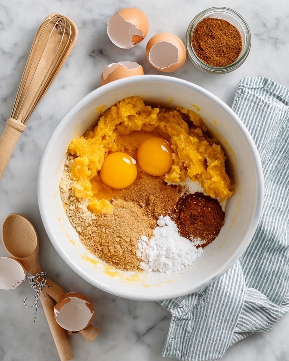 A white mixing bowl sits on a white marbled surface, filled with several ingredients layered inside: bright yellow pumpkin puree on top, two raw eggs with shiny yellow yolks beside it, light brown sugar with a slightly grainy texture, a pinch of white salt, and a sprinkling of cinnamon and other spices in darker browns creating a patterned cluster. Around the bowl are empty white egg shells, a wooden whisk handle at the left edge, several wooden measuring spoons tied with a string, and a small glass jar filled with ground cinnamon, all placed on the white marbled surface. A striped cloth napkin in white and blue lies folded nearby. Photo taken with an iphone --ar 4:5 --v 7