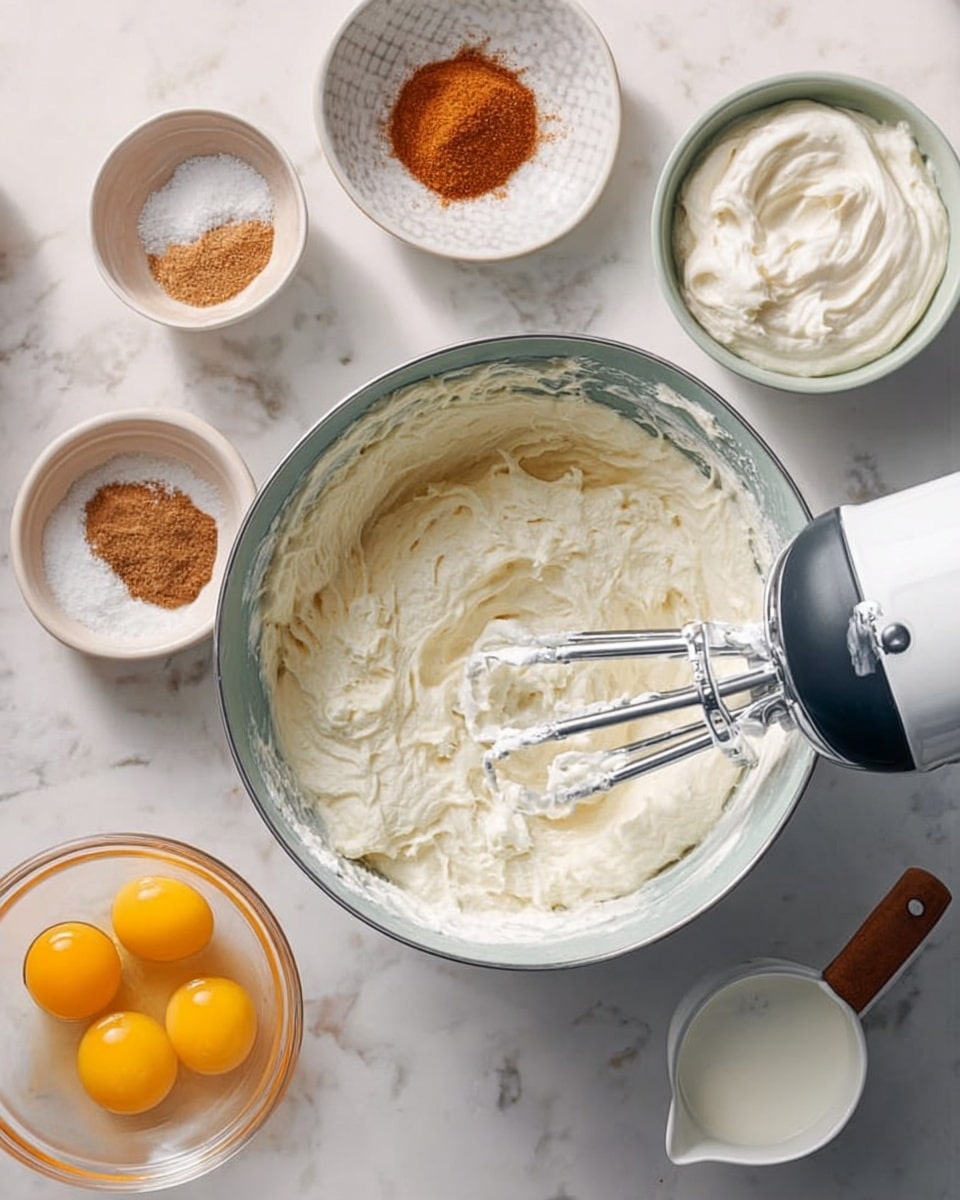 A mixing bowl filled with thick white cream sits on a white marbled surface, with a hand mixer inside the bowl covered in the cream. Surrounding the bowl are small white dishes: one with brown sugar, one with a mix of salt and cinnamon, one with light orange liquid, a glass bowl holding three raw yellow egg yolks in clear egg white, and a white measuring cup containing a white creamy substance with a wooden handle. The scene is lit softly and arranged neatly, photo taken with an iphone --ar 4:5 --v 7