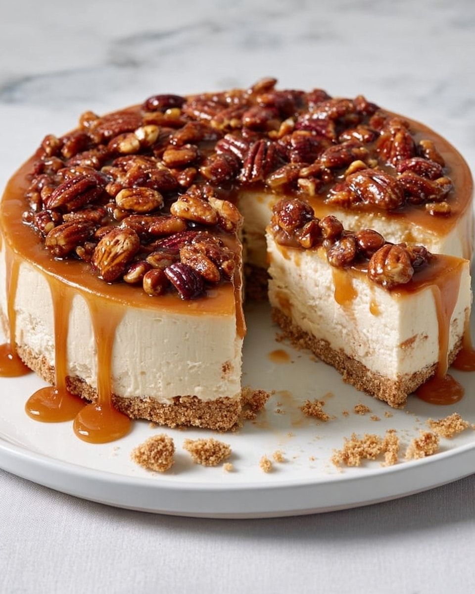 A round cheesecake with three visible layers is shown on a white plate sitting on a white marbled surface. The bottom layer is a crumbly light brown crust that extends slightly up the sides. The thick middle layer is creamy off-white with a smooth texture. The top layer consists of a generous amount of whole pecans covered in a shiny caramel sauce that is dripping gently down the sides of the cheesecake. A slice is removed, revealing the clean vertical layers and showing some crumbs scattered on the plate. Photo taken with an iphone --ar 4:5 --v 7
