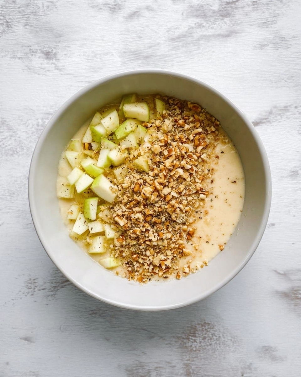 A top view of a white bowl filled with a creamy beige mixture at the bottom. On one side of the bowl, there is a heap of small chopped light green apple pieces, while the other side has a generous layer of crushed walnuts with a light brown color and rough texture. The bowl is placed on a white marbled surface. photo taken with an iphone --ar 4:5 --v 7