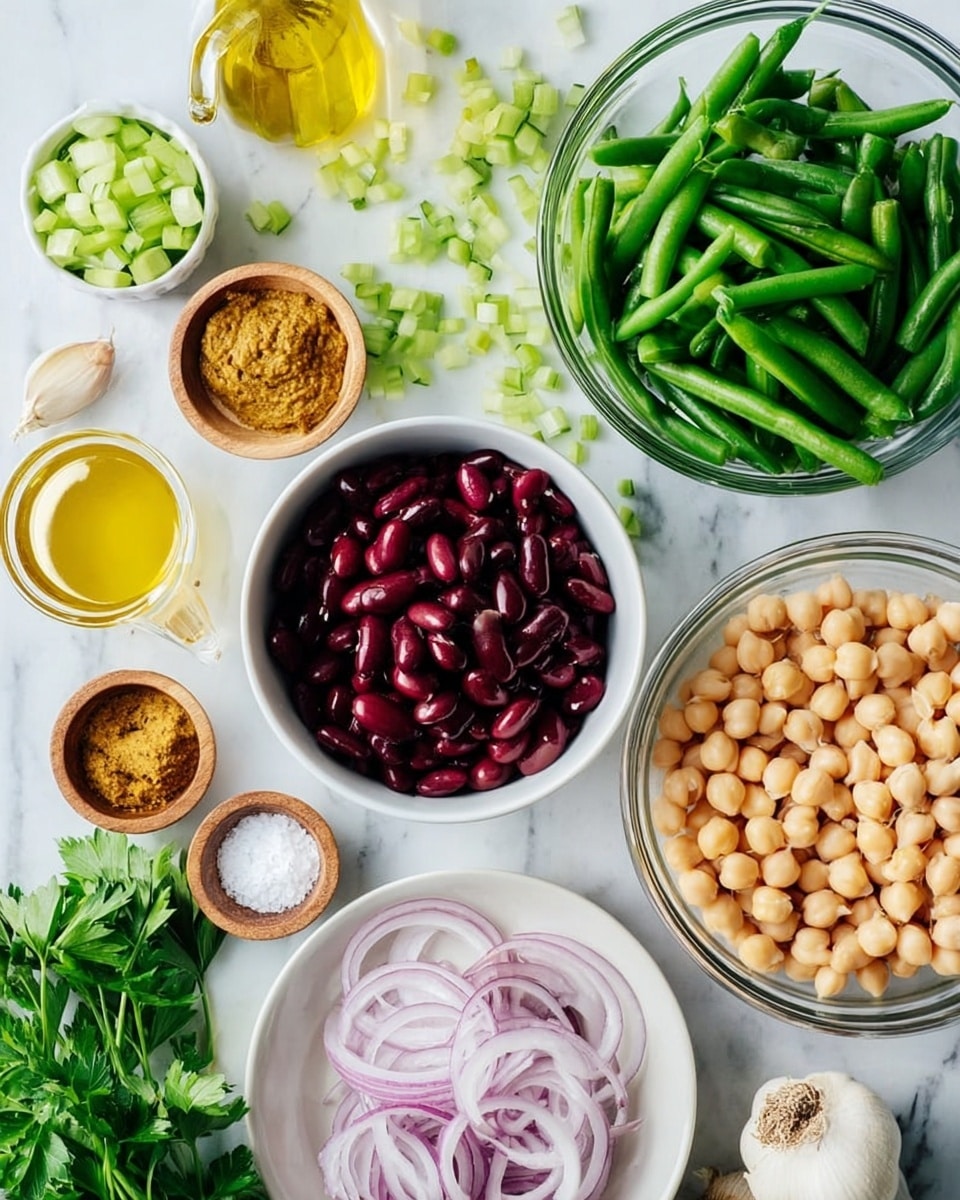 The image shows several clear and white bowls on a white marbled surface, each holding different fresh ingredients. One clear bowl at the top right is filled with vibrant green cut green beans, another clear bowl near the center contains light green chopped celery pieces. A white bowl in the middle holds dark red kidney beans, while another white bowl next to it is full of pale beige chickpeas. A small white plate at the bottom right shows thin, light purple sliced onions arranged neatly. Around the bowls are small dishes with a mustard-colored paste, golden olive oil, a bowl of golden liquid, and a wooden bowl with white salt and pepper. Green parsley leaves and a white garlic bulb are scattered for decoration. The overall look is fresh and colorful with a clean background. photo taken with an iphone --ar 4:5 --v 7