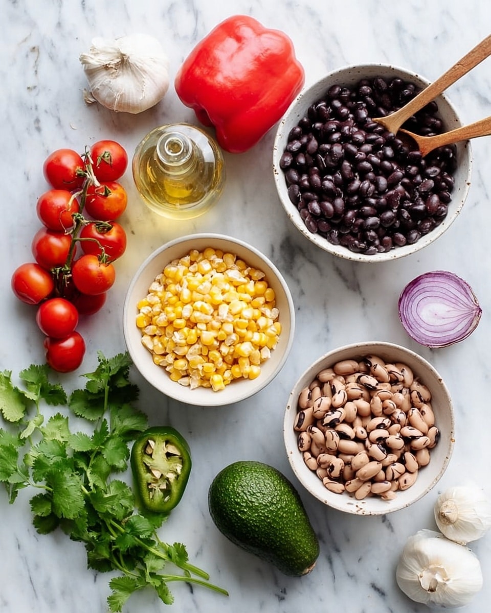 The image shows a top view of a white marbled surface with various fresh ingredients and small white bowls. In the top right, there is a bowl filled with black beans, with a wooden spoon resting inside. To its left, a whole red bell pepper and a glass bottle with clear liquid sit side by side. Below, a small white bowl contains yellow corn kernels. To the right of the corn, another white bowl holds black-eyed peas with a light wooden spoon inside. Surrounding the bowls are some fresh cilantro leaves, a halved red onion, a whole green jalapeño, two clusters of small red cherry tomatoes on the vine, a bright green avocado, and a bulb of garlic at the bottom. The colors are vivid with the natural textures of the beans, vegetables, and herbs clearly visible. photo taken with an iphone --ar 4:5 --v 7