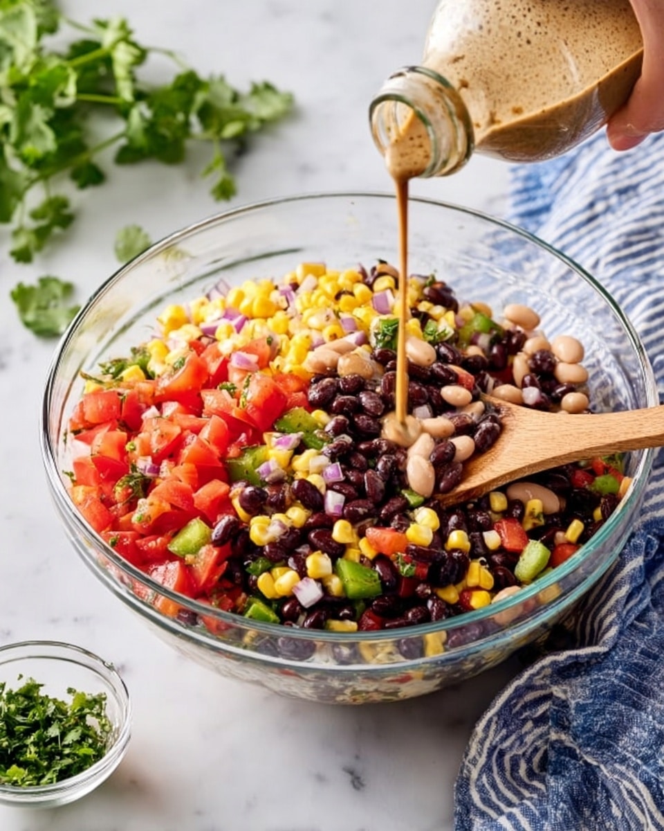 A clear glass bowl filled with a colorful mix of black beans, white beans, bright yellow corn, red tomato chunks, small pieces of green pepper, and finely chopped red onions. The textures vary from smooth beans to crisp vegetables, all mixed together. A wooden spoon rests inside the bowl towards the right side, slightly covered by the ingredients. At the bottom right, a woman's hand is pouring a light brown dressing from a glass bottle onto the salad. The bowl sits on a white marbled surface with a blue and white striped cloth behind it, accompanied by green cilantro and a small glass bowl of chopped herbs nearby photo taken with an iphone --ar 4:5 --v 7