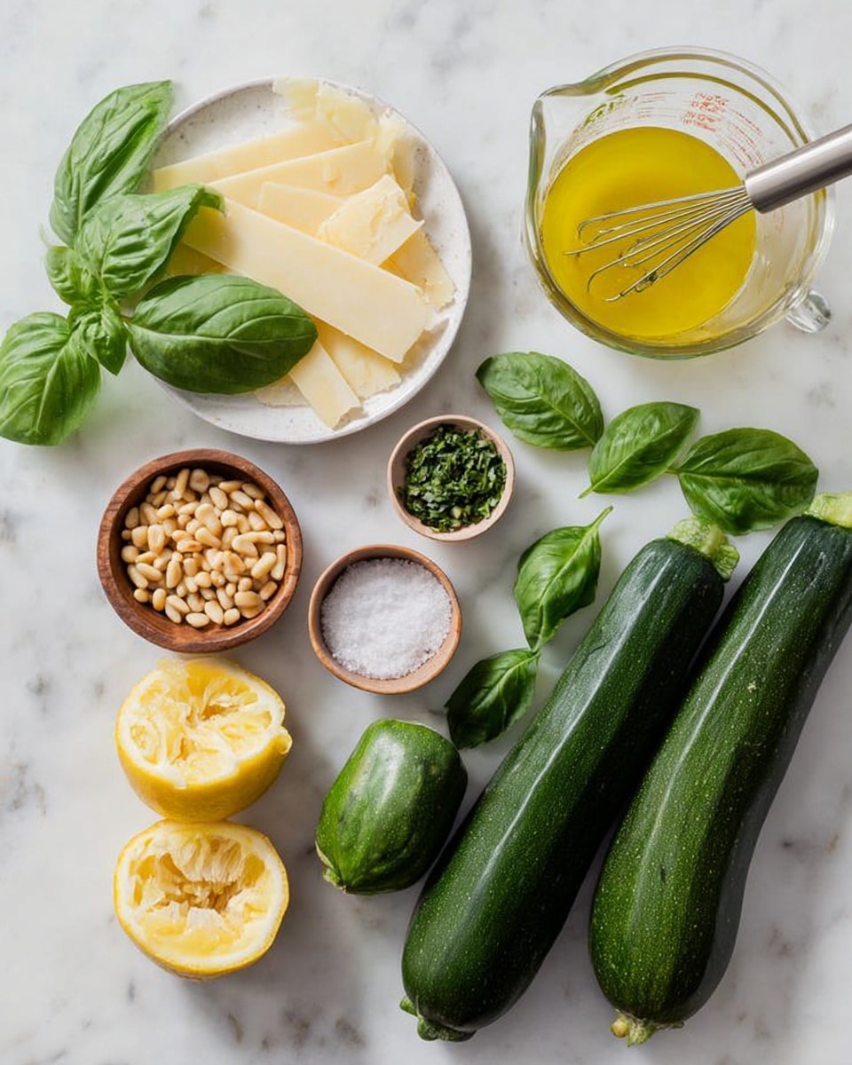 The image shows fresh ingredients for a recipe laid out on a white marbled surface. There are three long, dark green zucchinis positioned on the right side. Near them are several bright green basil leaves spread out and two lemon halves with bright yellow flesh on the lower left. A small white bowl filled with light brown pine nuts is placed near the center, alongside a wooden bowl with coarse salt and another small wooden bowl holding finely chopped green herbs. A white plate with thin, pale yellow slices of cheese sits in the upper left. To the right of these, there is a clear glass measuring cup containing yellow oil mixture with a metal whisk resting inside. Photo taken with an iphone --ar 4:5 --v 7